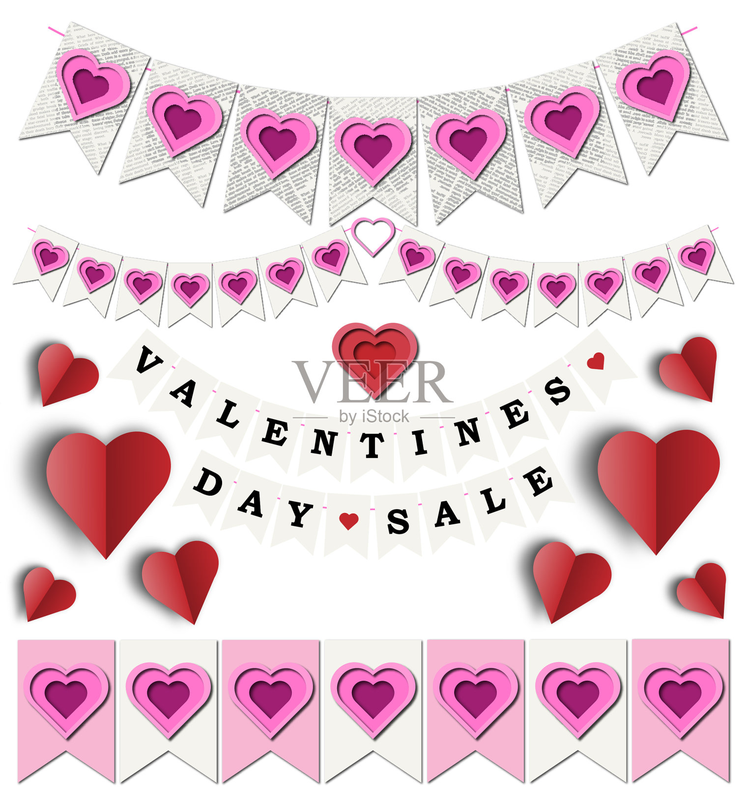 情人纸心旗帜旗帜插画图片素材