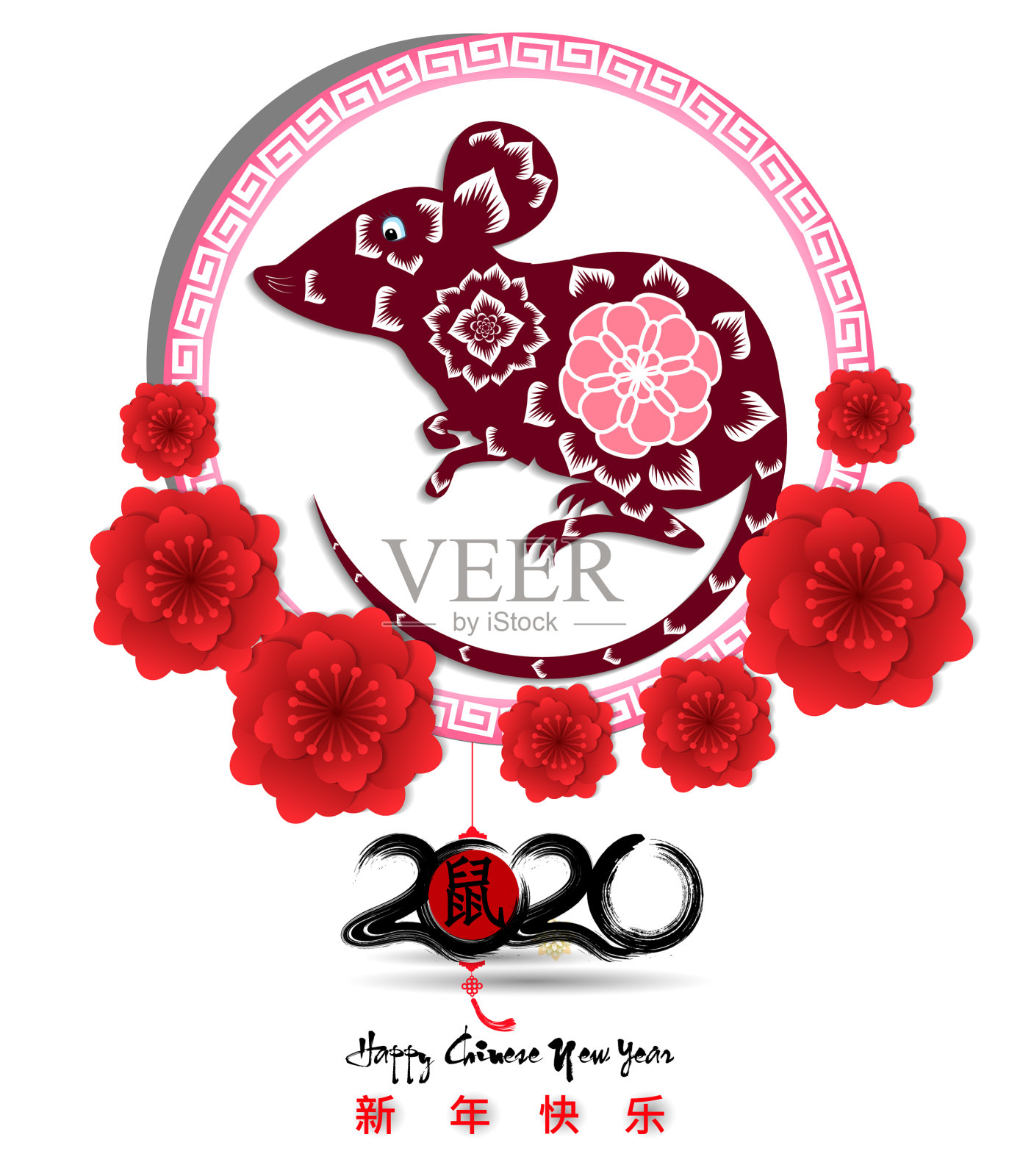 中国新年2020年鼠花和插画图片素材