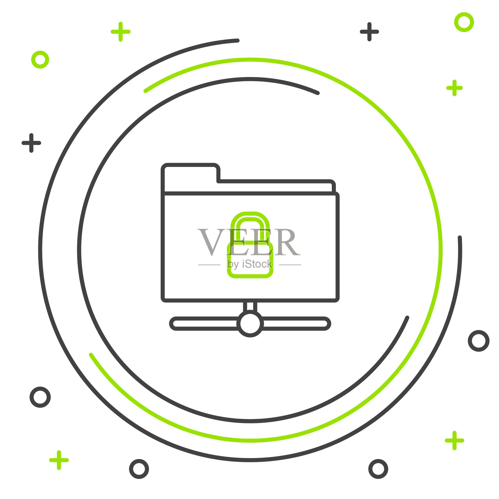 黑线和绿线FTP文件夹和锁定图标插画图片素材