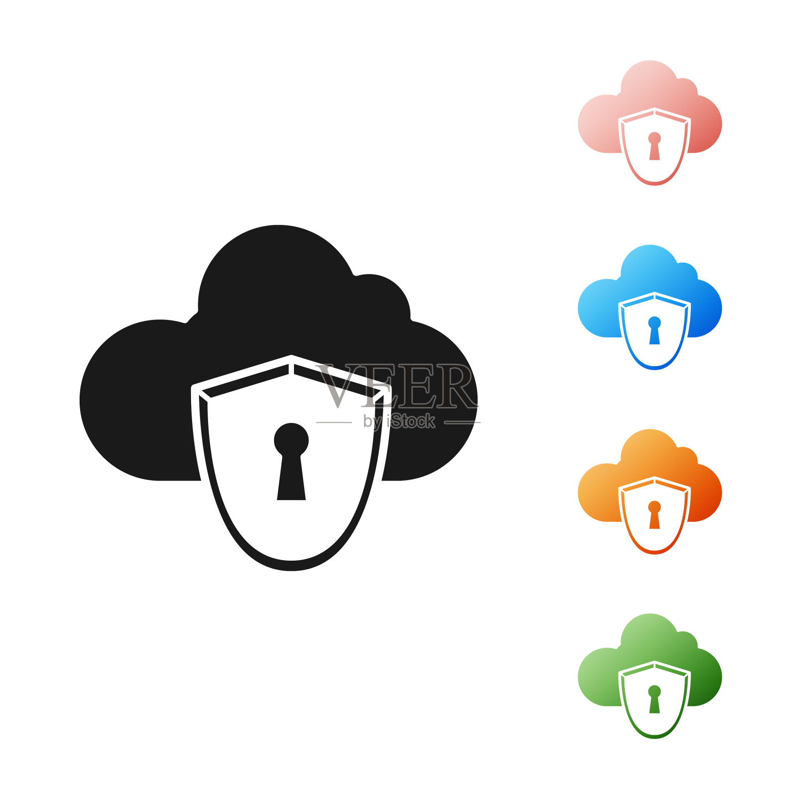 黑色的云和盾牌图标孤立在白色插画图片素材