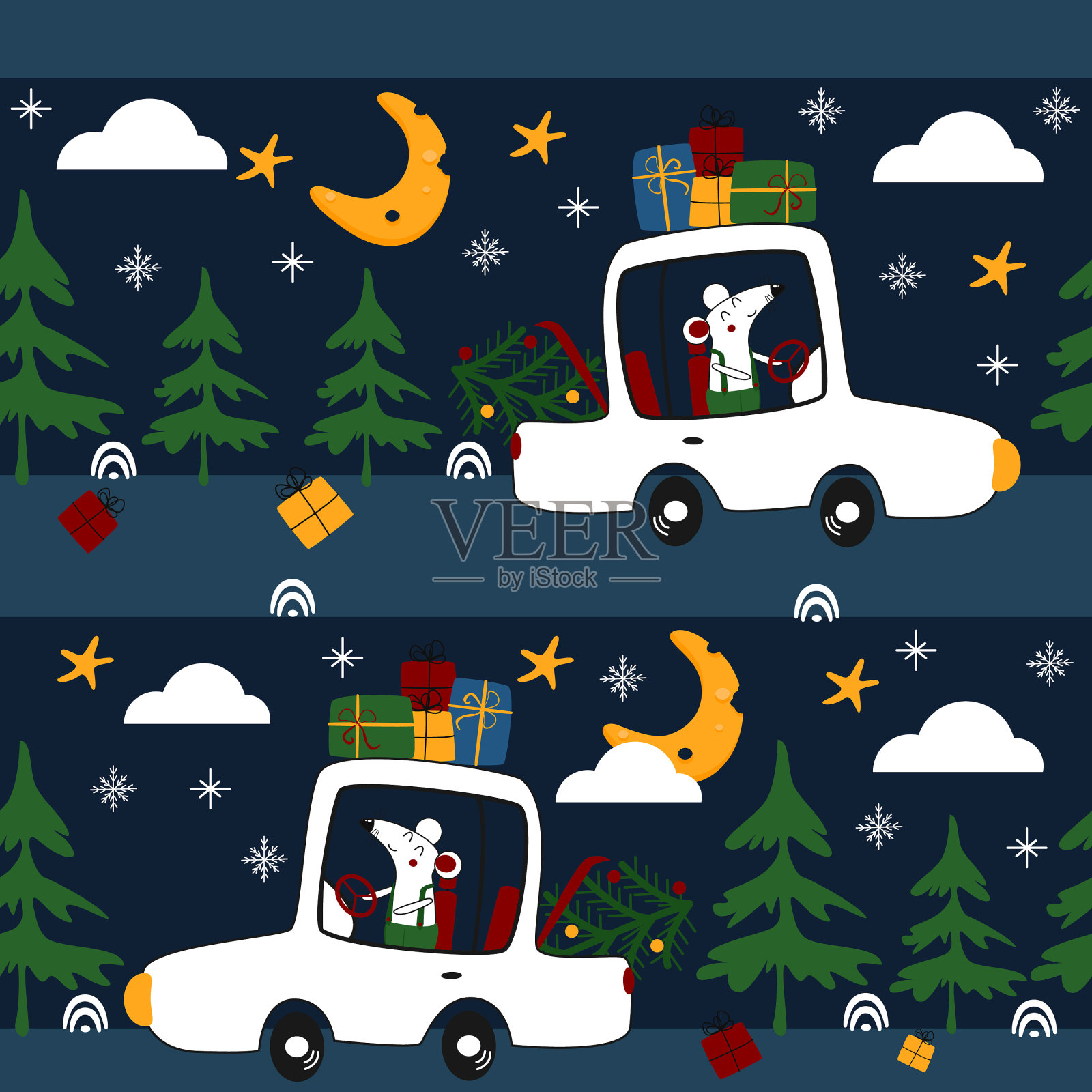 无缝模式与老鼠在车与礼物插画图片素材