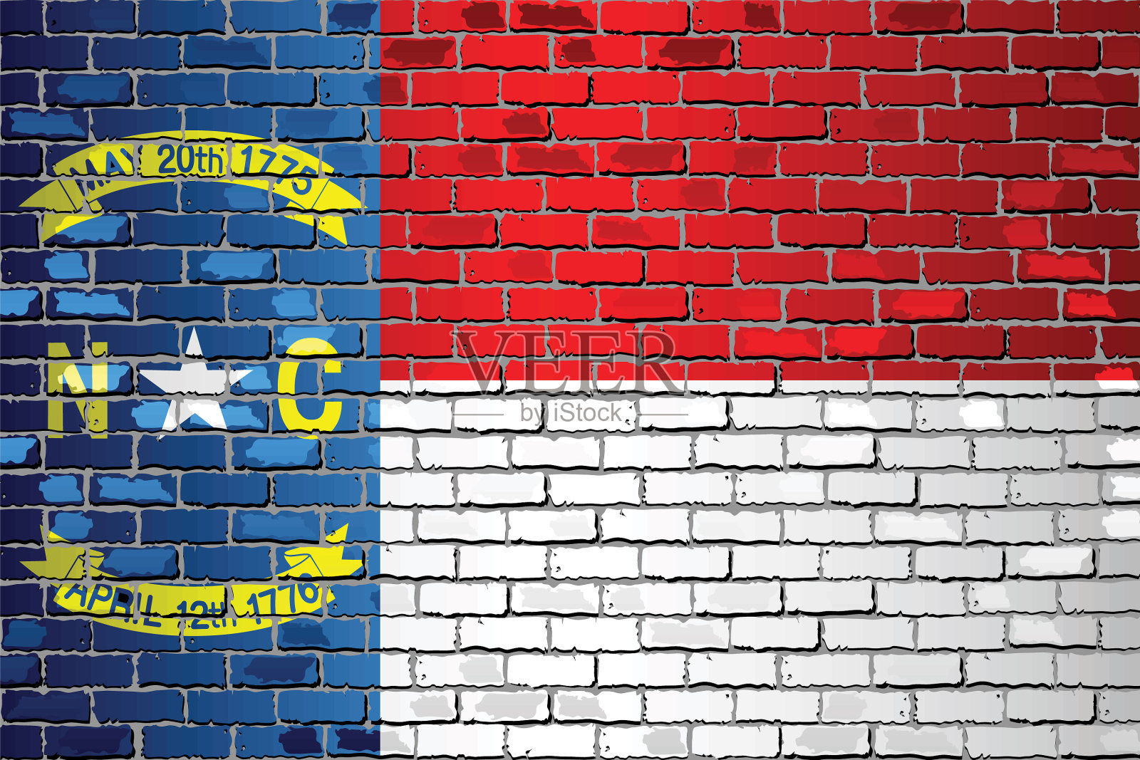北卡罗莱纳州的一面砖墙上挂着闪亮的旗帜插画图片素材