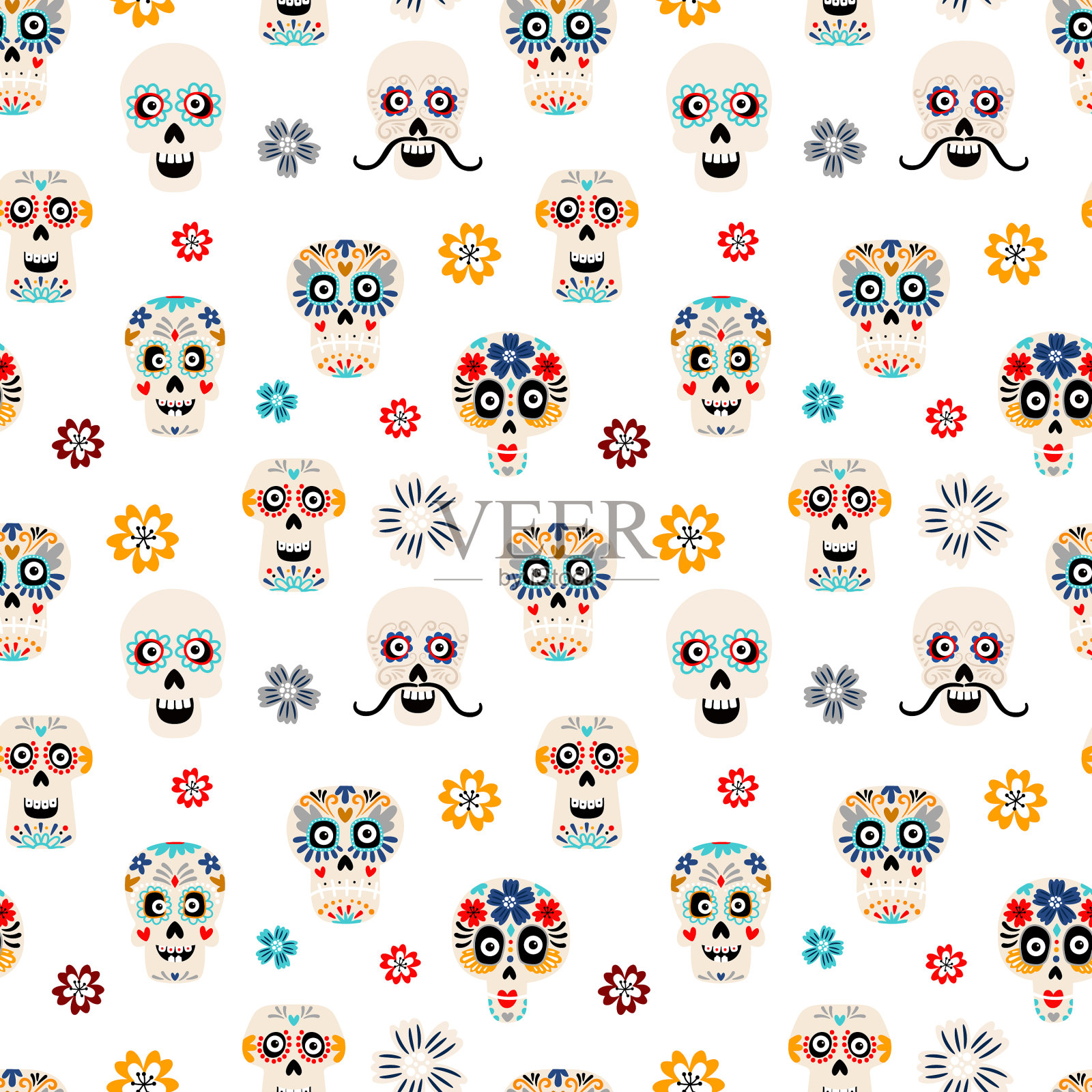 糖头骨平面无缝模式插画图片素材