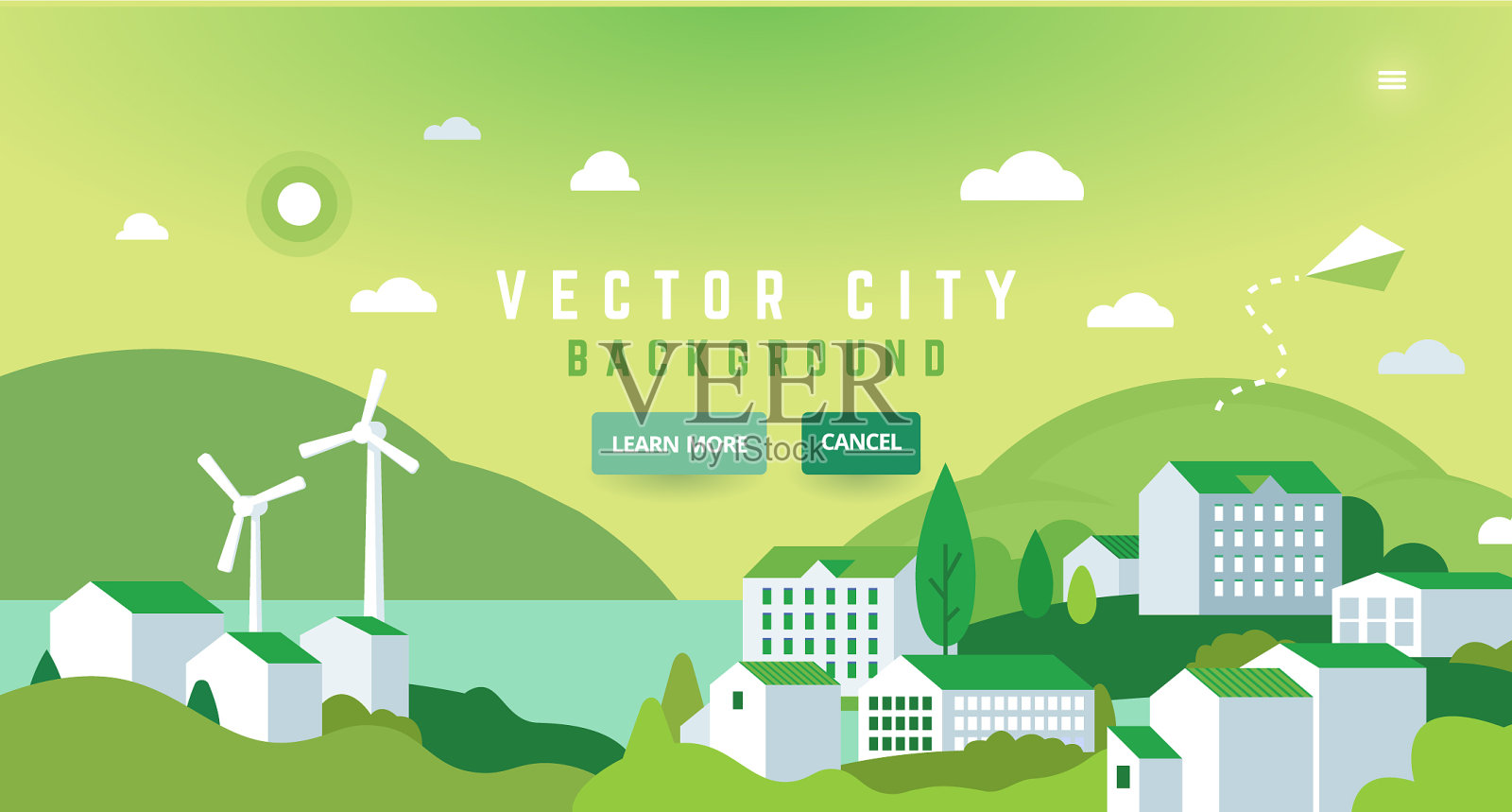 有建筑、有山、有树的生态城市景观插画图片素材