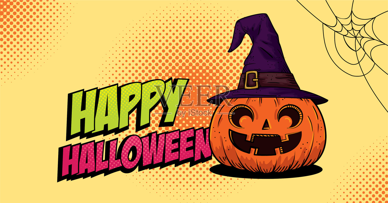 万圣节南瓜女巫与帽子波普艺术风格插画图片素材
