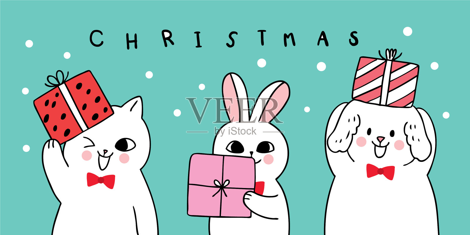 卡通可爱的圣诞狗和猫和兔子卡尔插画图片素材