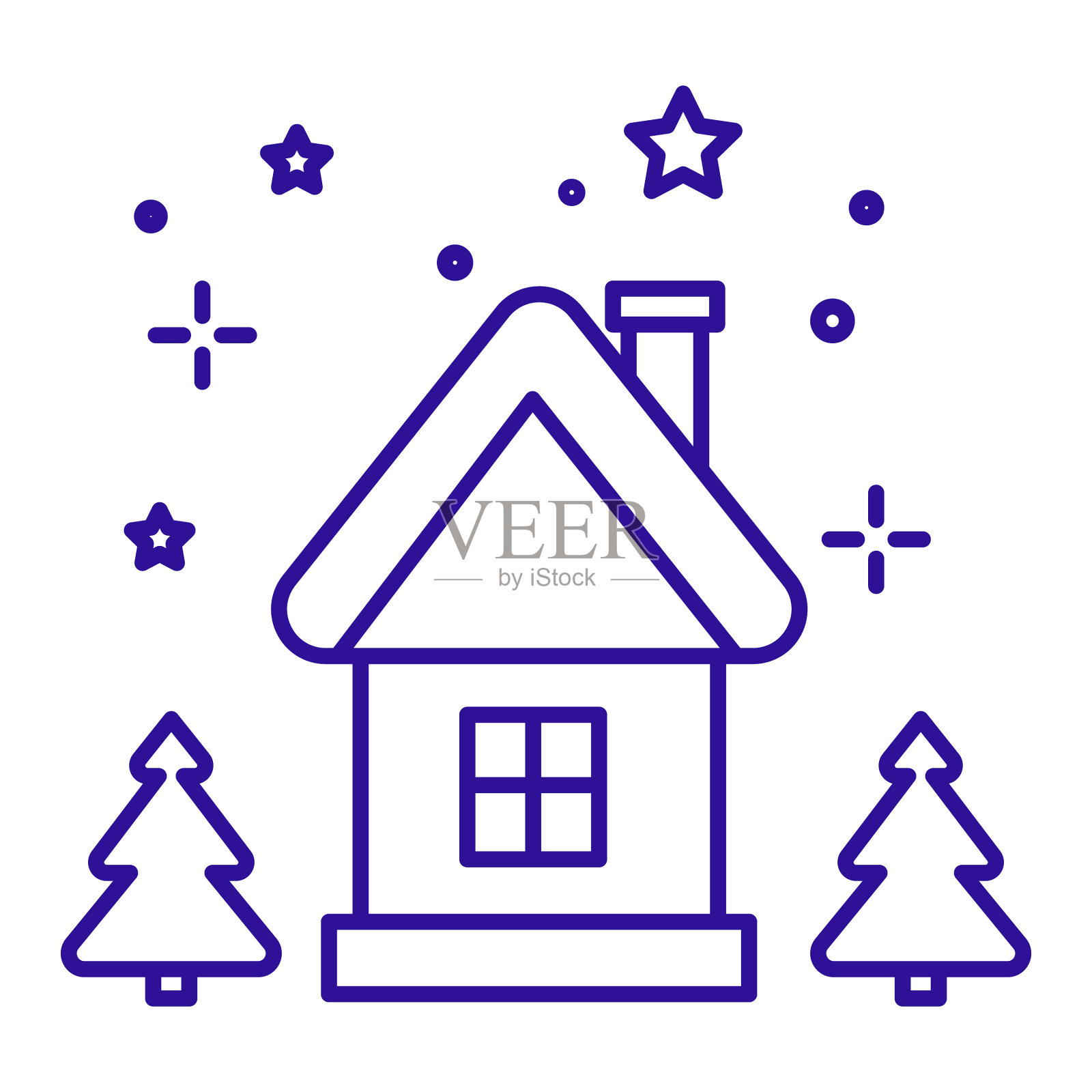 冬天晚上有冷杉树的圣诞屋插画图片素材