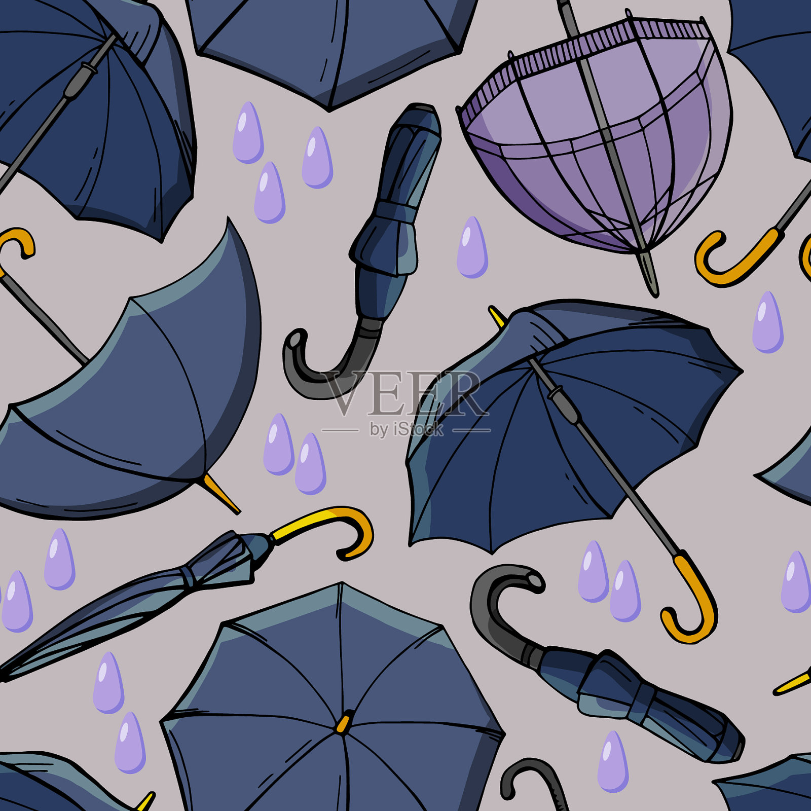 图案深蓝色伞和雨插画图片素材