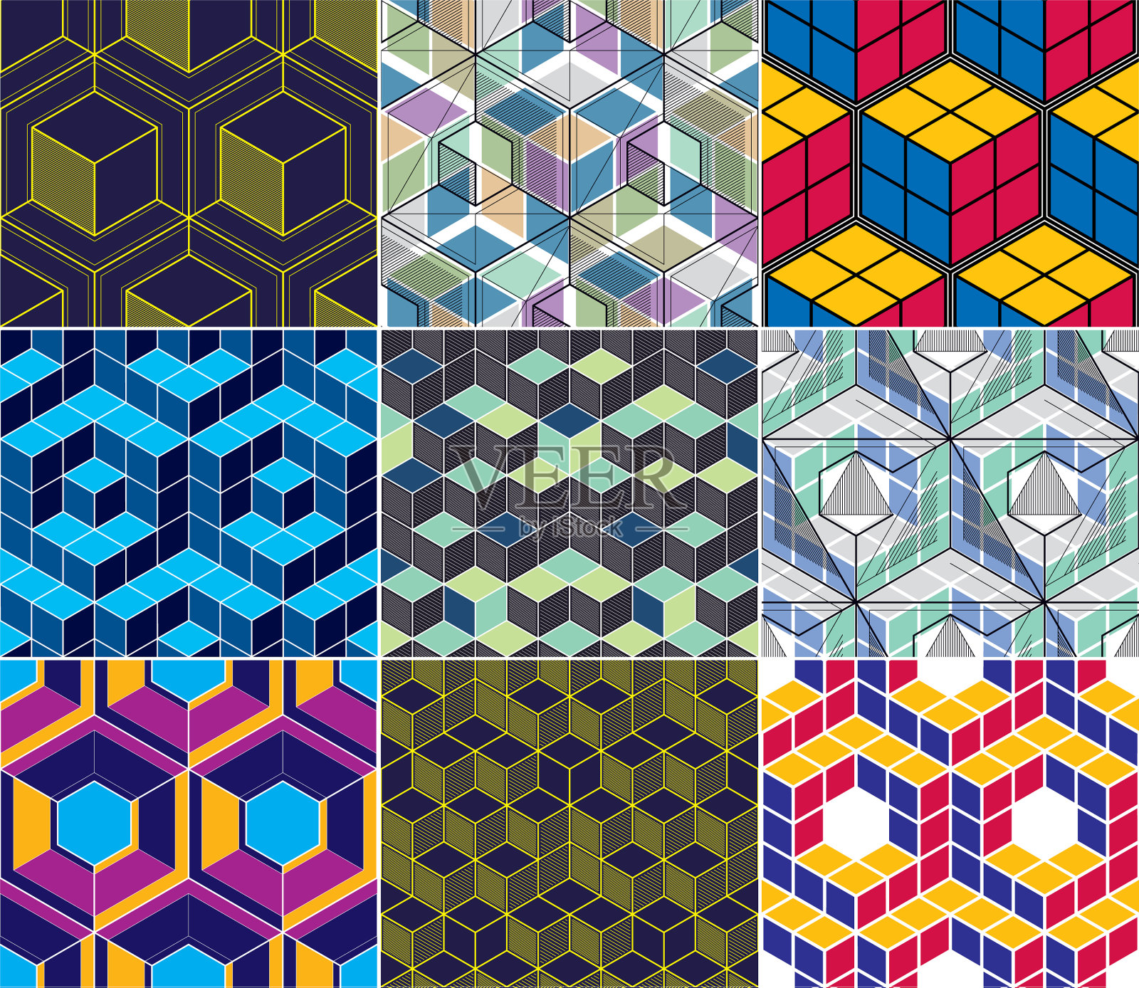 几何三维线抽象无缝模式集插画图片素材