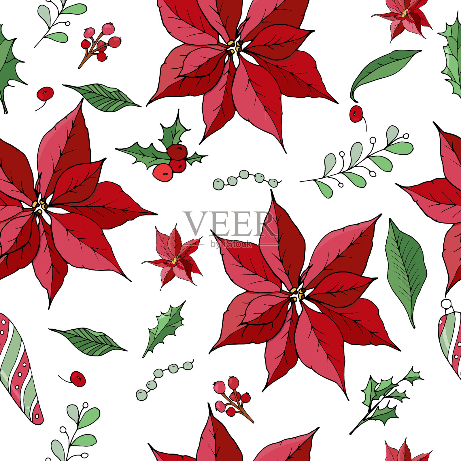 圣诞冬季一品红花无缝插画图片素材