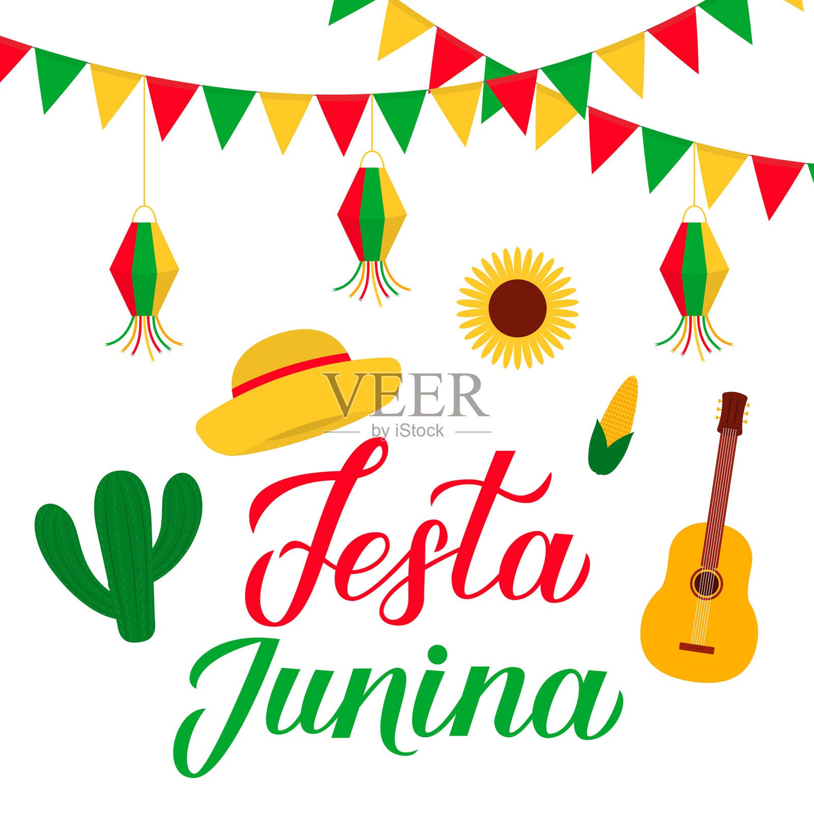 节日朱尼纳书法与旗帜和字母插画图片素材