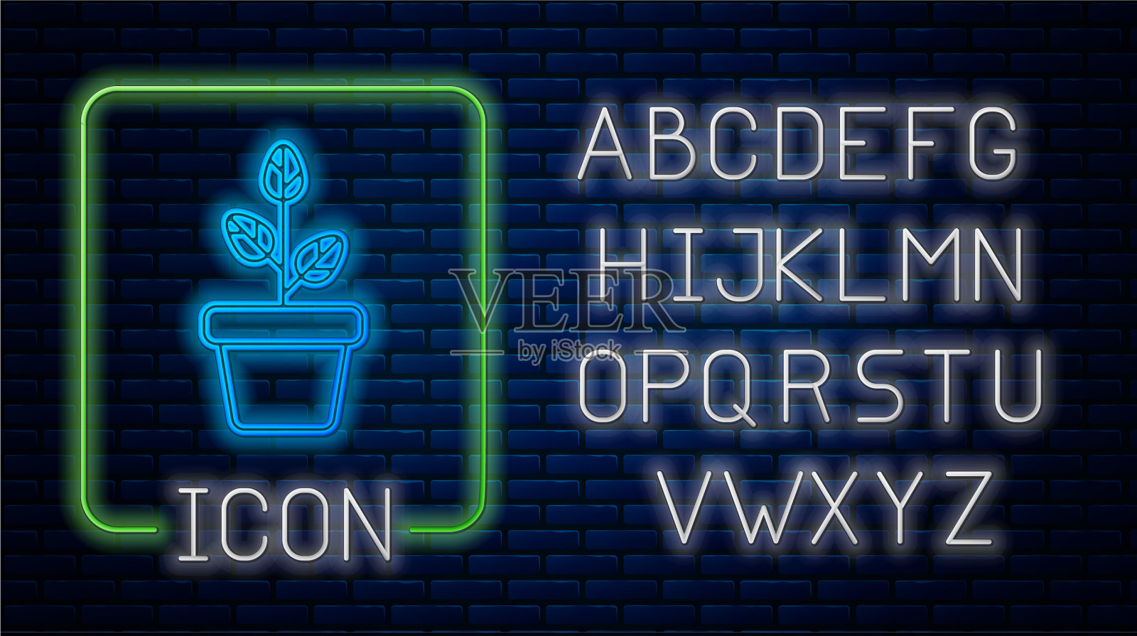 发光的霓虹灯花在锅图标孤立的砖插画图片素材