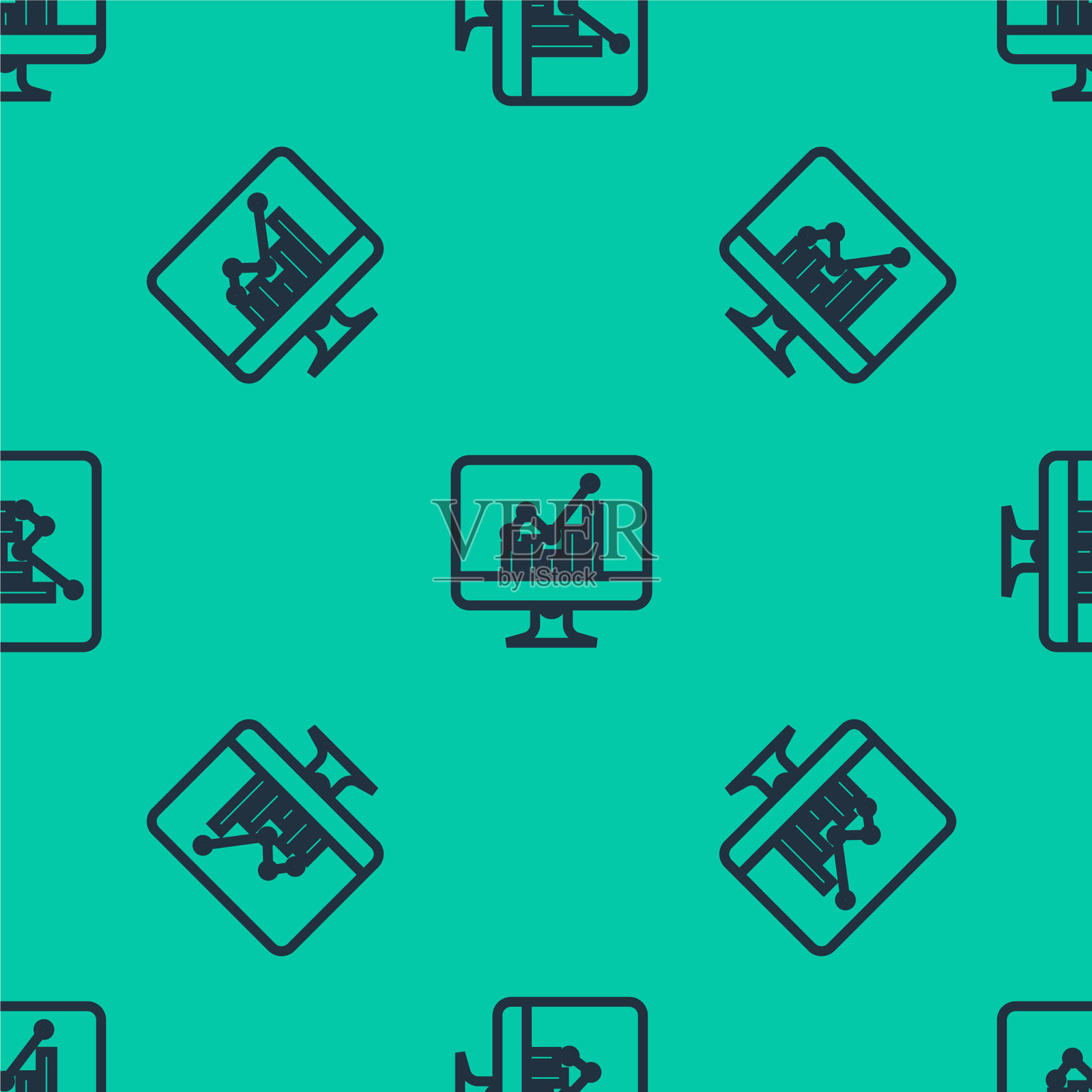 蓝线计算机显示器与图形图表图标插画图片素材