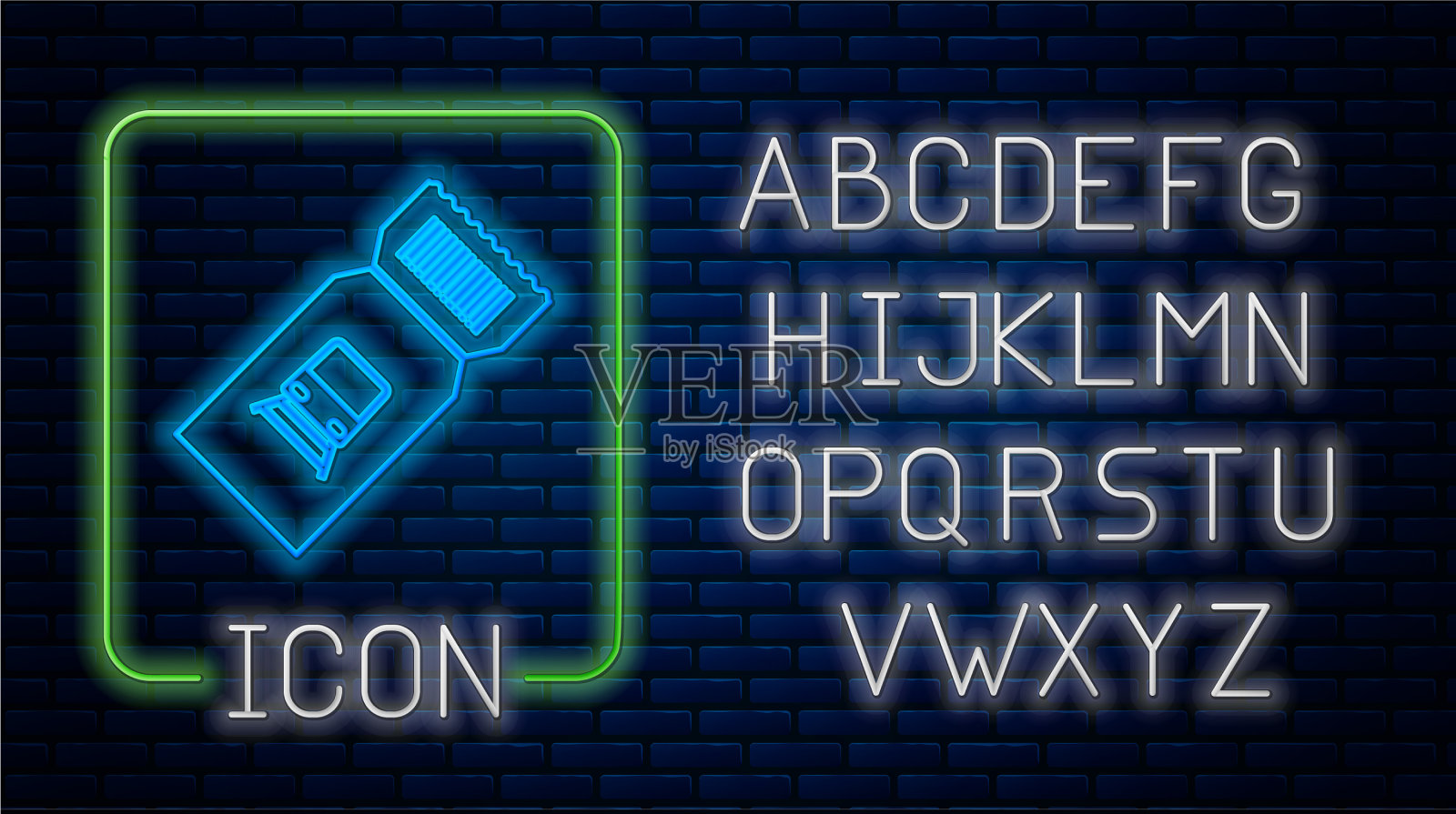 发光的霓虹灯火车票图标孤立在砖块上插画图片素材