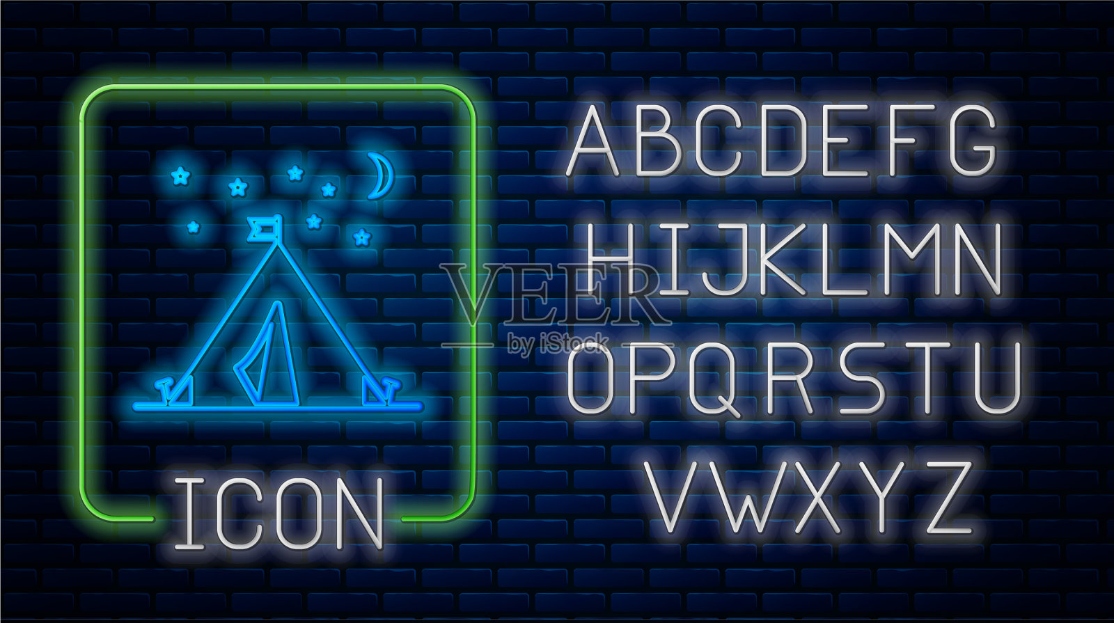 霓虹灯旅游帐篷与旗帜图标孤立插画图片素材