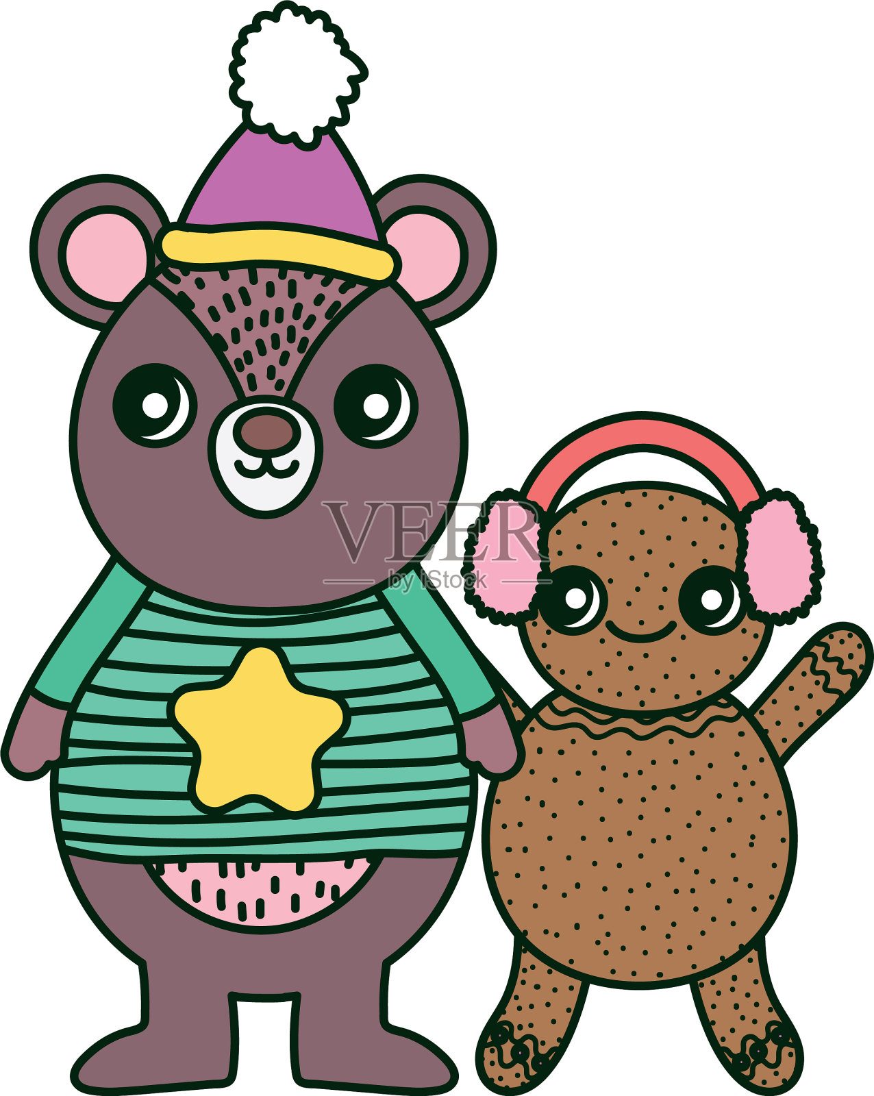 可爱的小熊和戴着帽子的姜饼人快乐设计元素图片