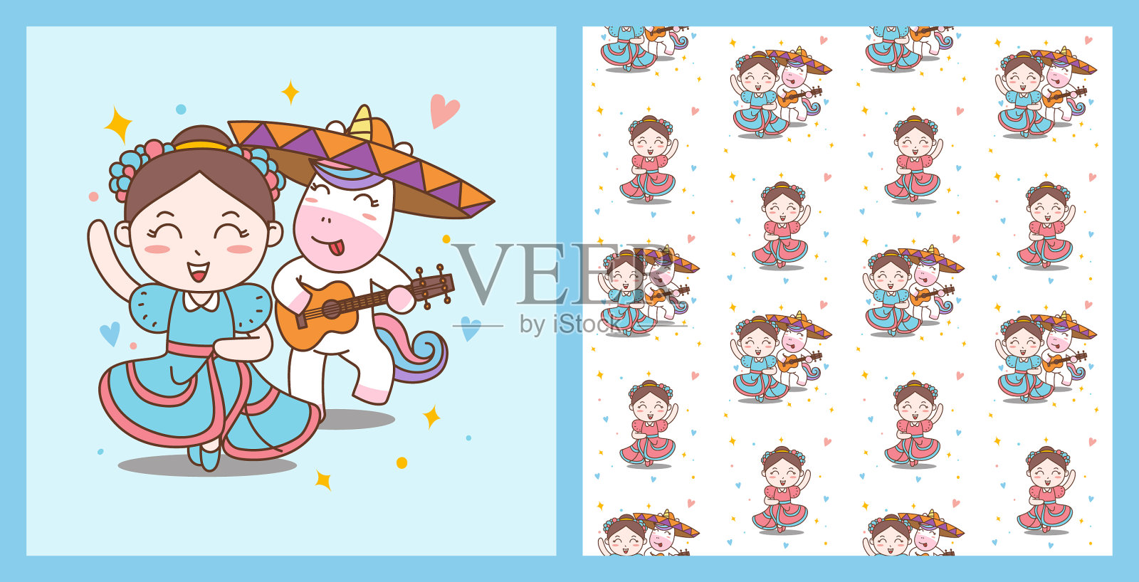 有趣女孩和独角兽舞墨西哥流浪乐队，天衣无缝插画图片素材