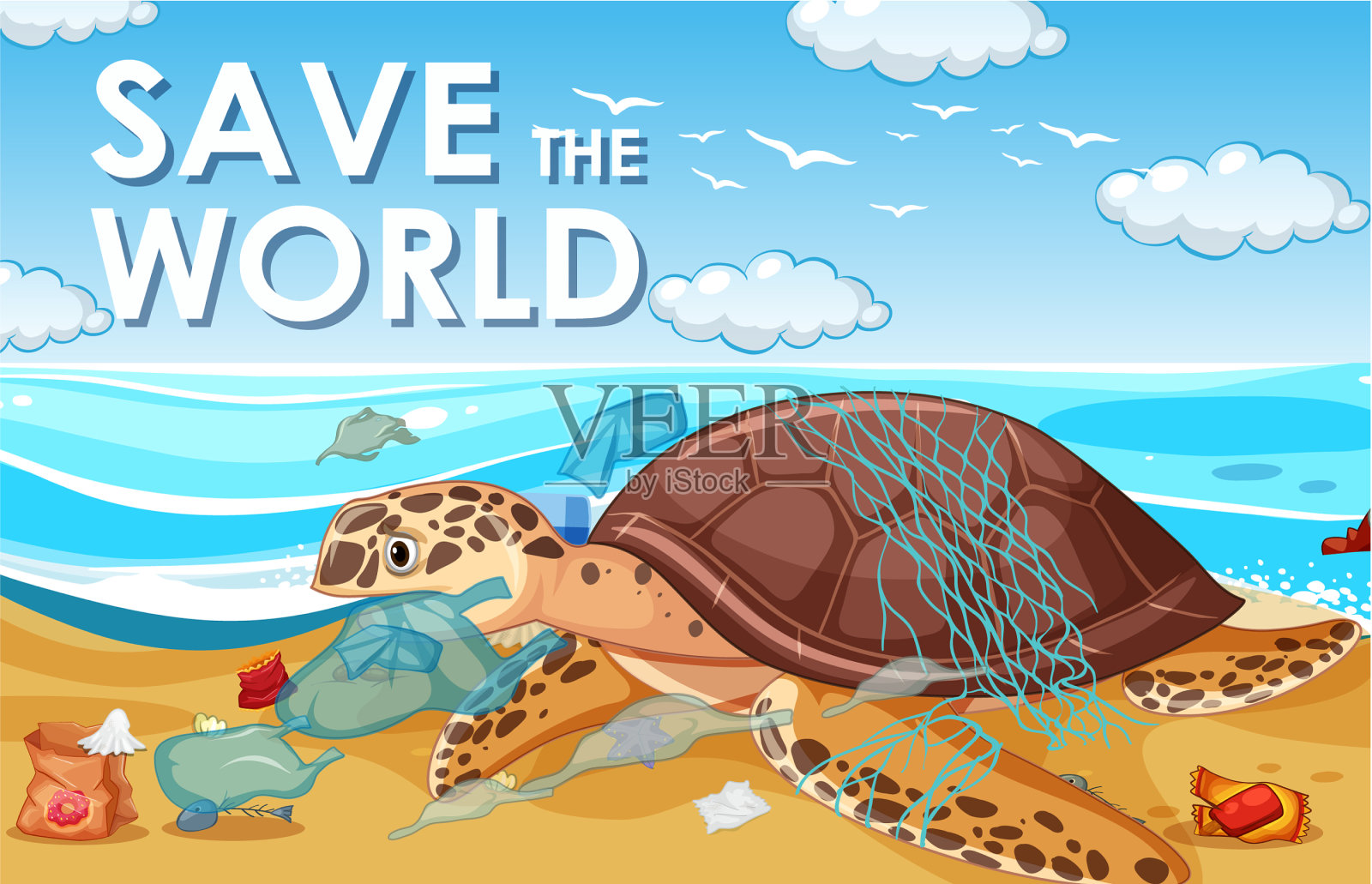 污染控制现场用海龟和塑料插画图片素材