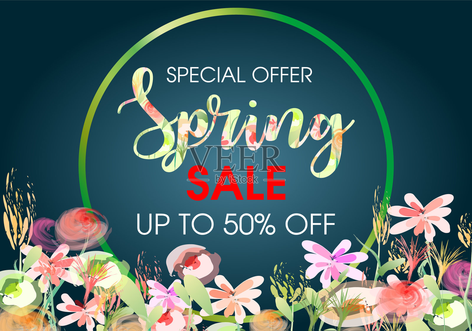 水彩花春季特卖深蓝色设计模板素材