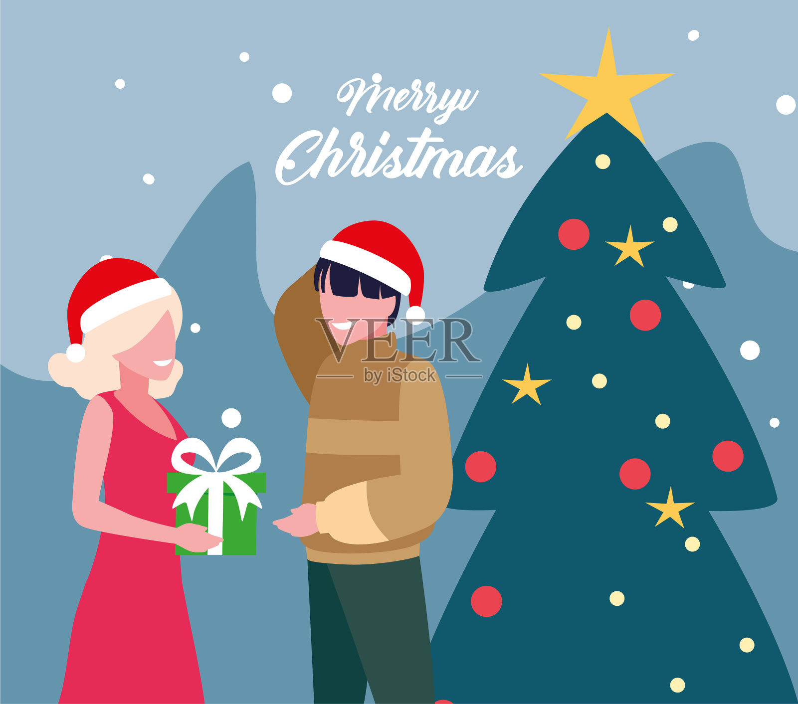 圣诞快乐的标签与夫妇和圣诞节设计元素图片