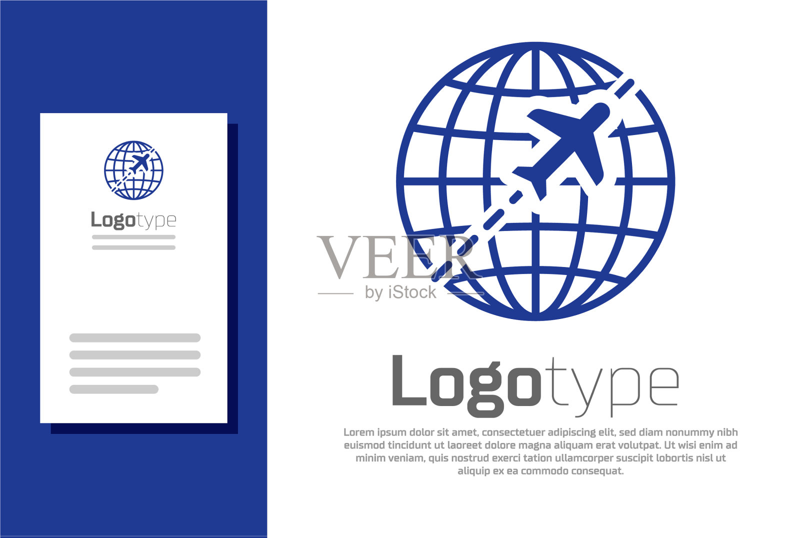 带有飞行飞机图标的蓝色球体插画图片素材