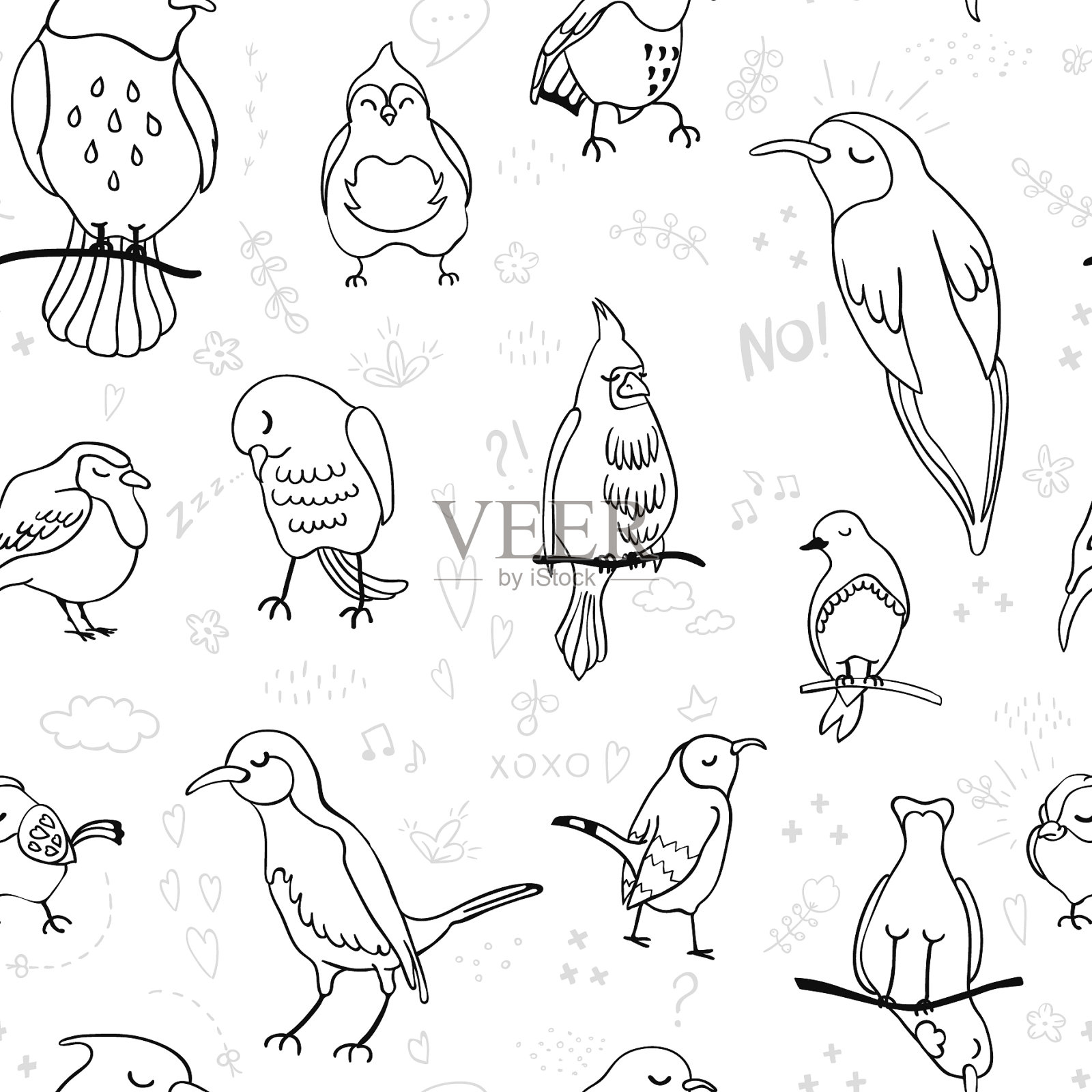无缝背景与轮廓鸟插画图片素材