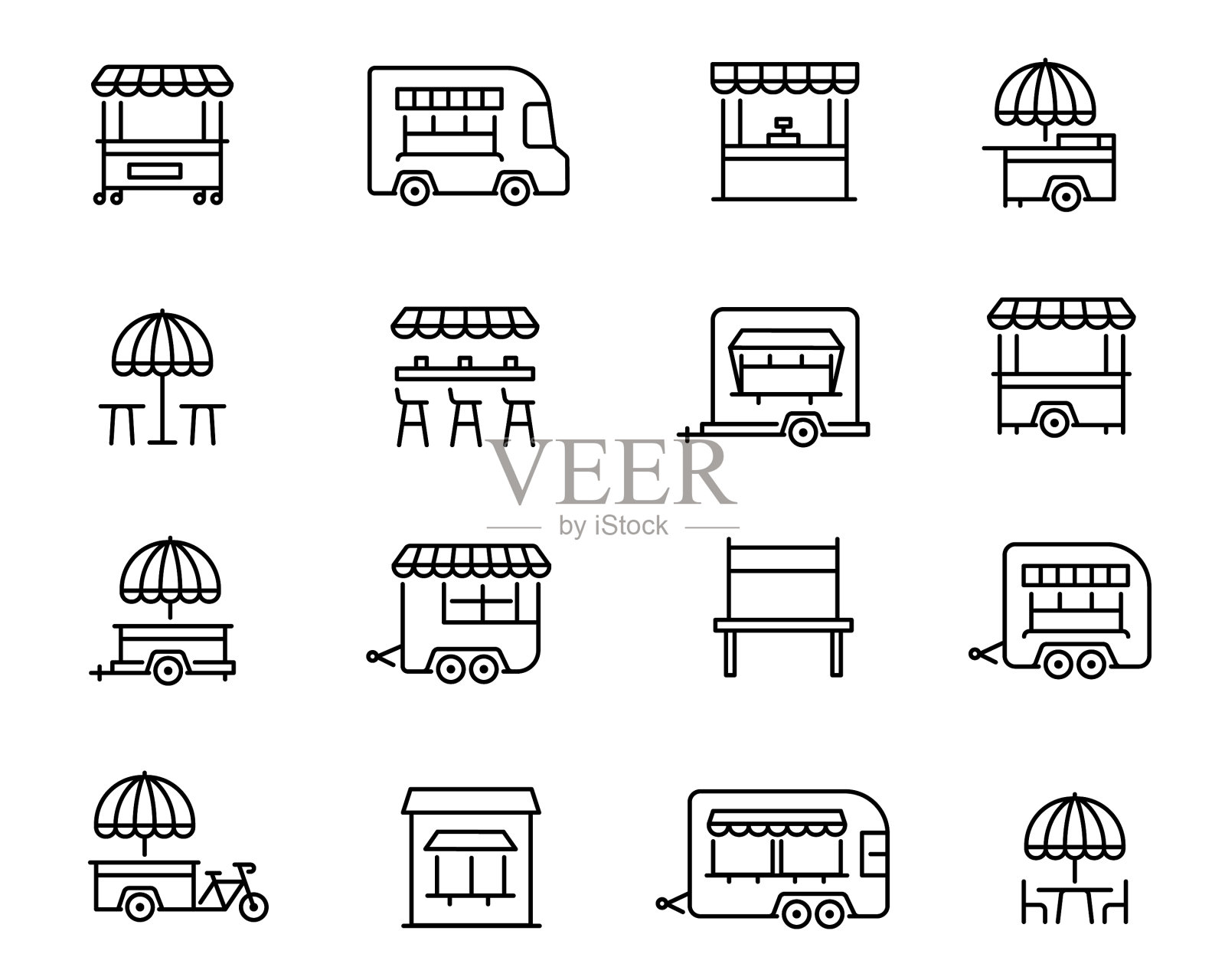 街头食品零售线性图标集图标素材