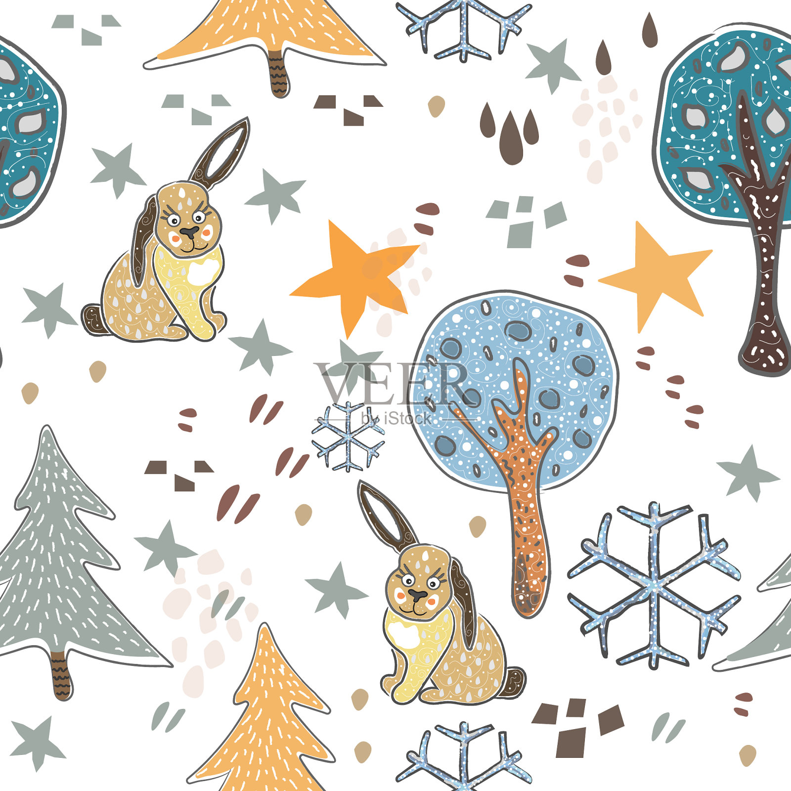 无缝图案与可爱的手绘动物插画图片素材