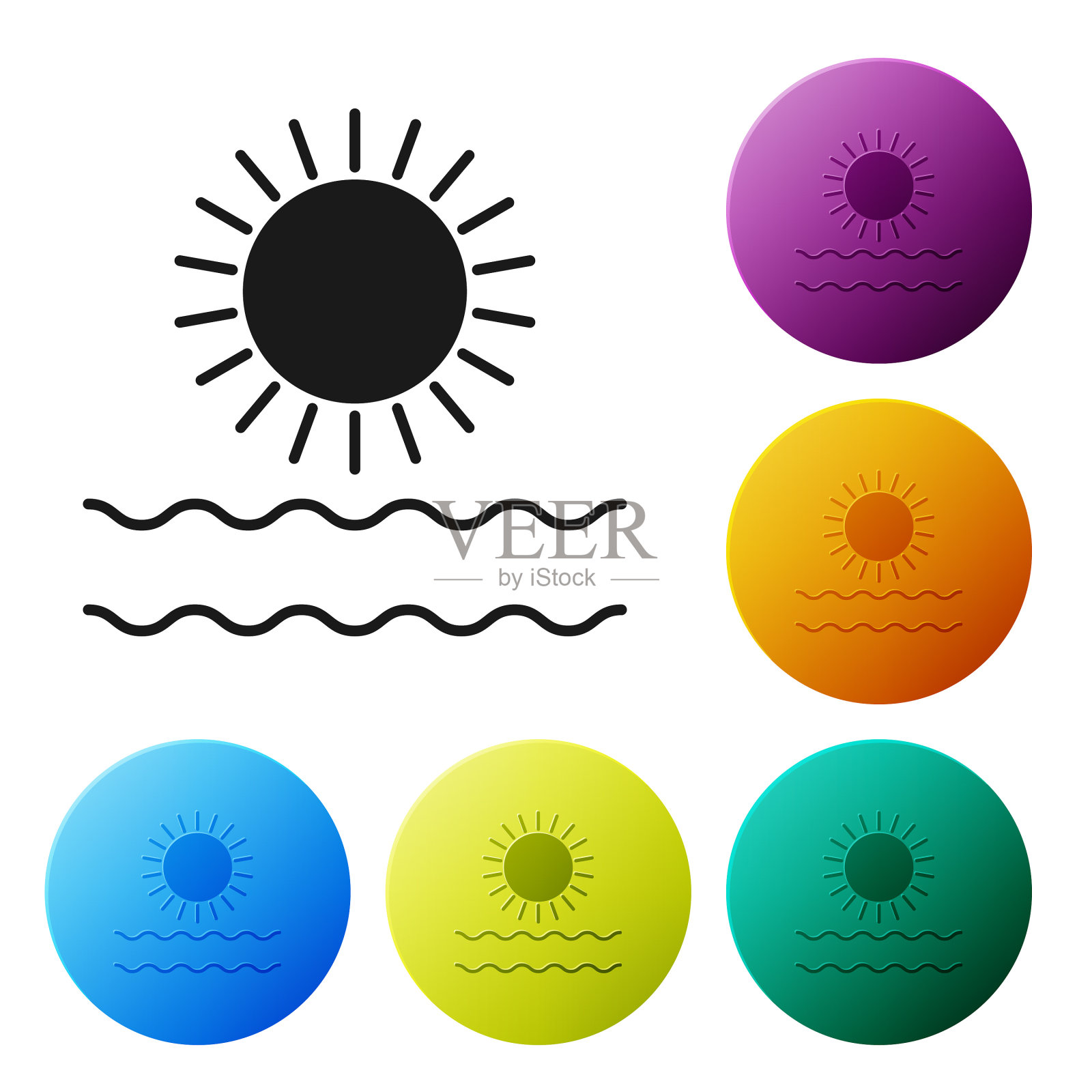 黑色的太阳和波浪图标孤立在白色插画图片素材