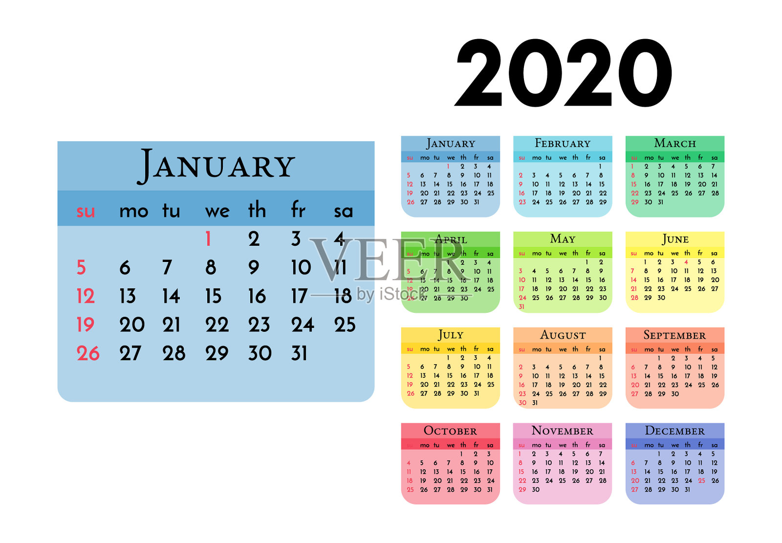 2020年日历孤立在白色背景上插画图片素材