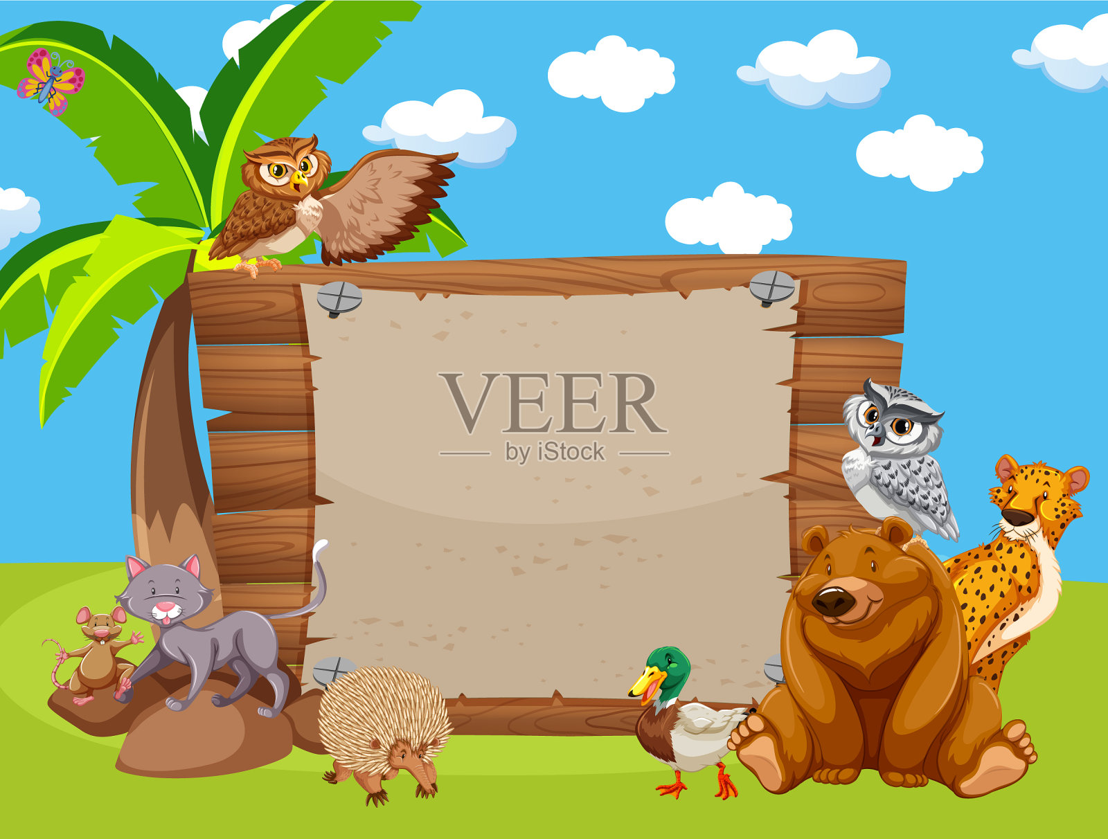 公园里有可爱动物的木制标志插画图片素材