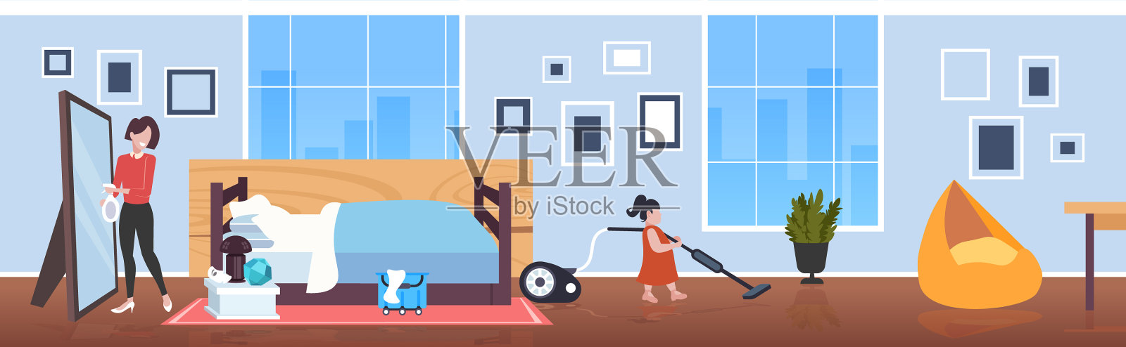 小孩用吸尘器妈妈喷插画图片素材