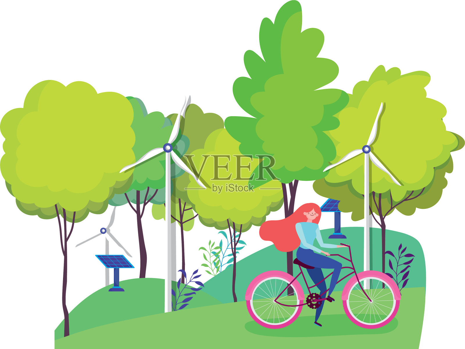 生态女性骑自行车，风力涡轮机和太阳能设计元素图片