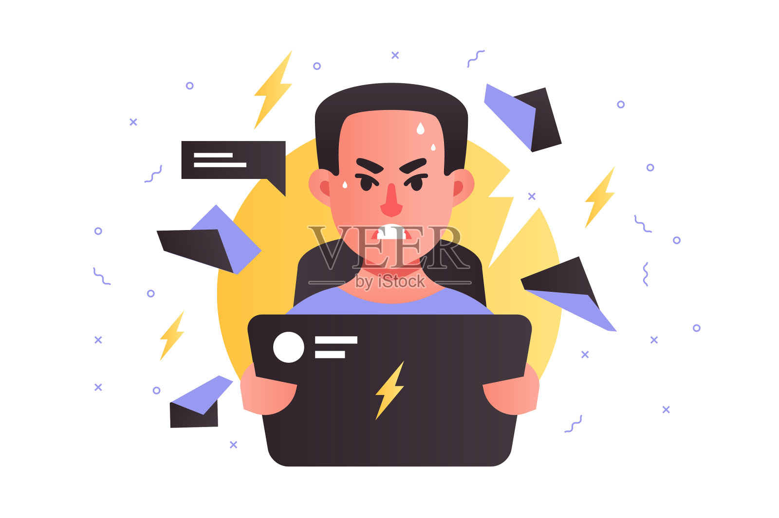 愤怒的帅哥在工作中使用笔记本电脑插画图片素材