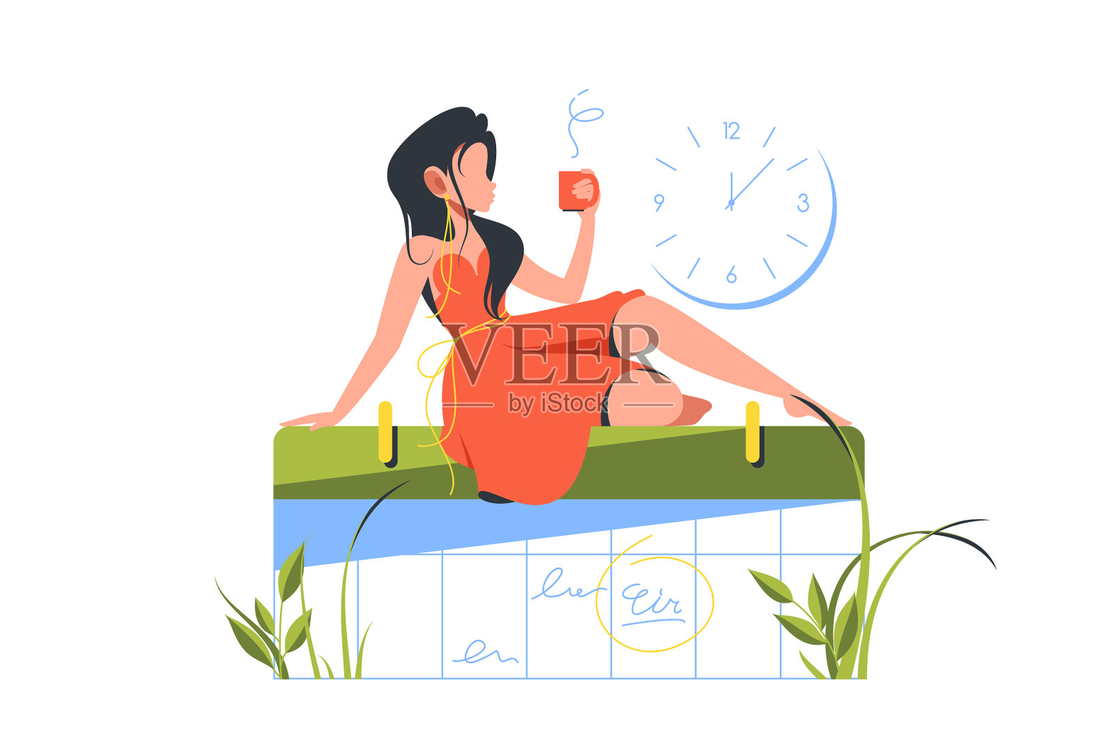 年轻女子喝杯咖啡并计划设计元素图片