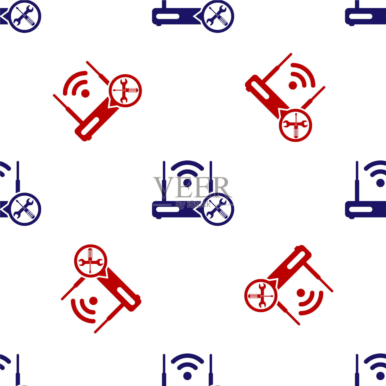 蓝色和红色路由器wi-fi，螺丝刀和插画图片素材