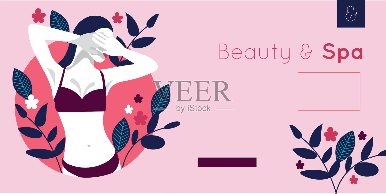 美丽和水疗卡与女人和叶植物插画图片素材