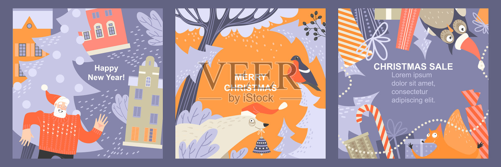 用有趣的动物和圣诞老人设置圣诞卡片插画图片素材