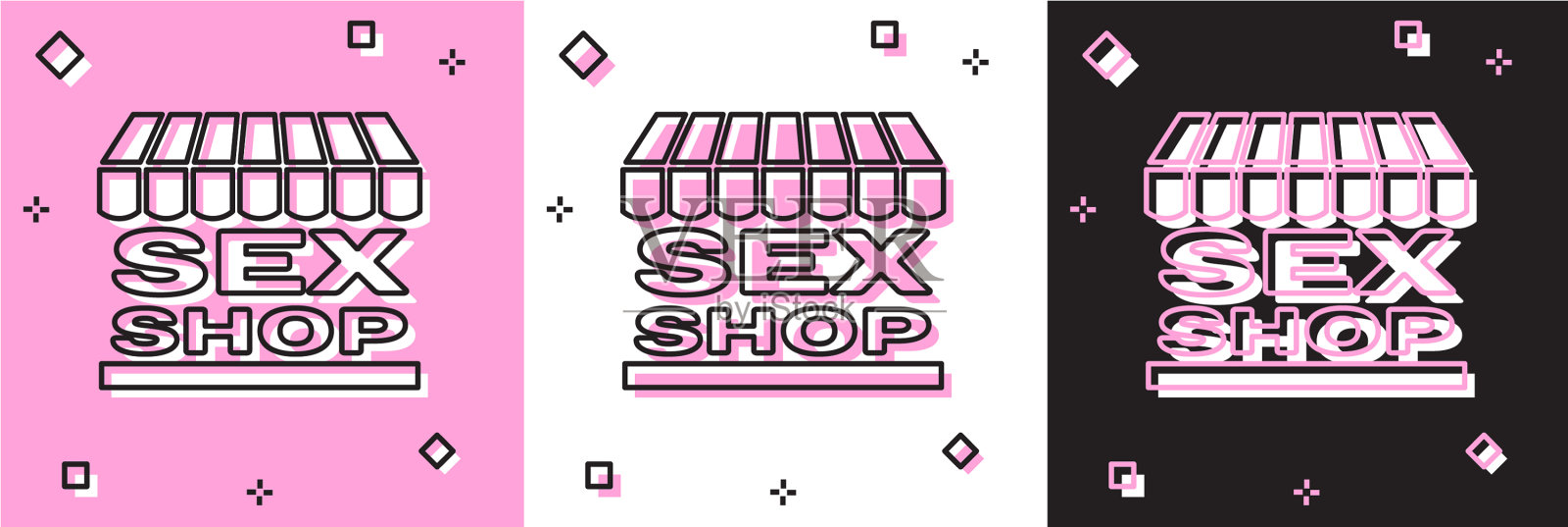 设置性商店建筑与条纹遮阳篷图标插画图片素材