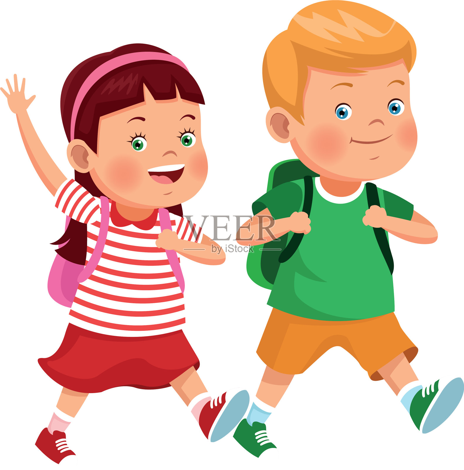 卡通快乐的女孩和男孩背着书包插画图片素材