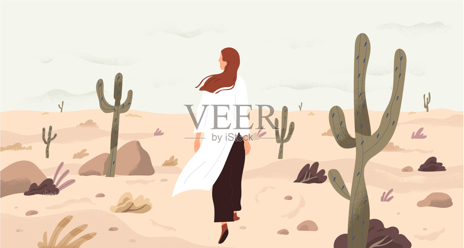 沙漠里的女孩单身插画图片素材