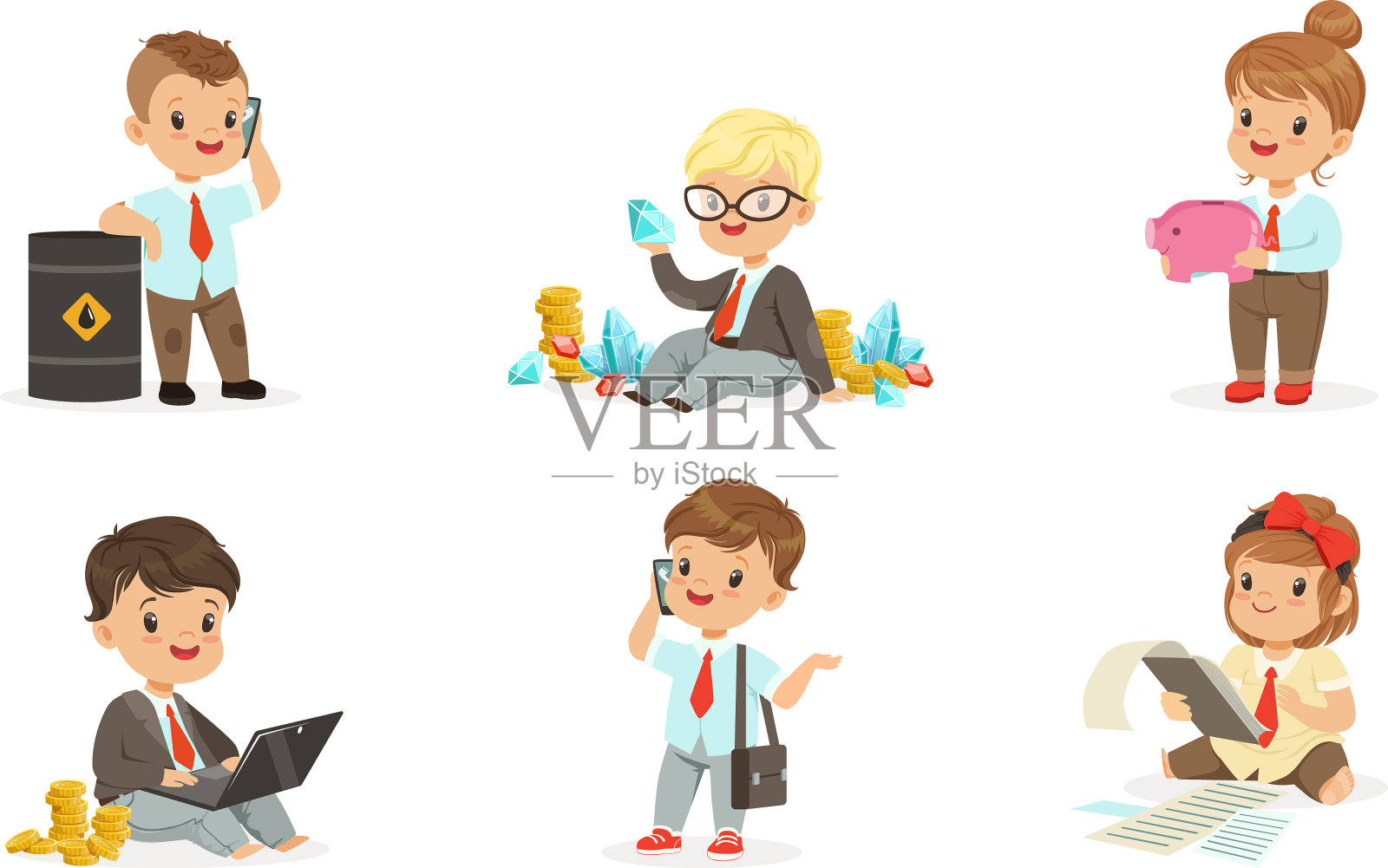 儿童商人用一堆钱套着插画图片素材