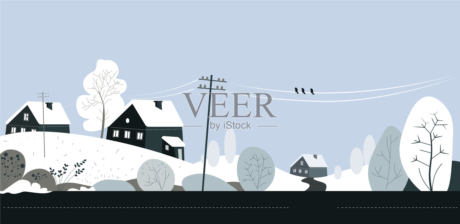 冬季的乡村景色与农舍和插画图片素材