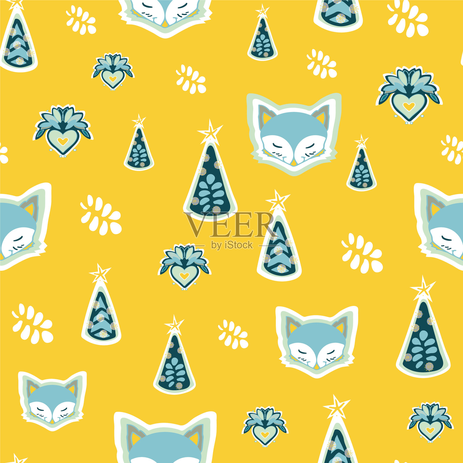 可爱的狐狸圣诞树心形无缝图案插画图片素材