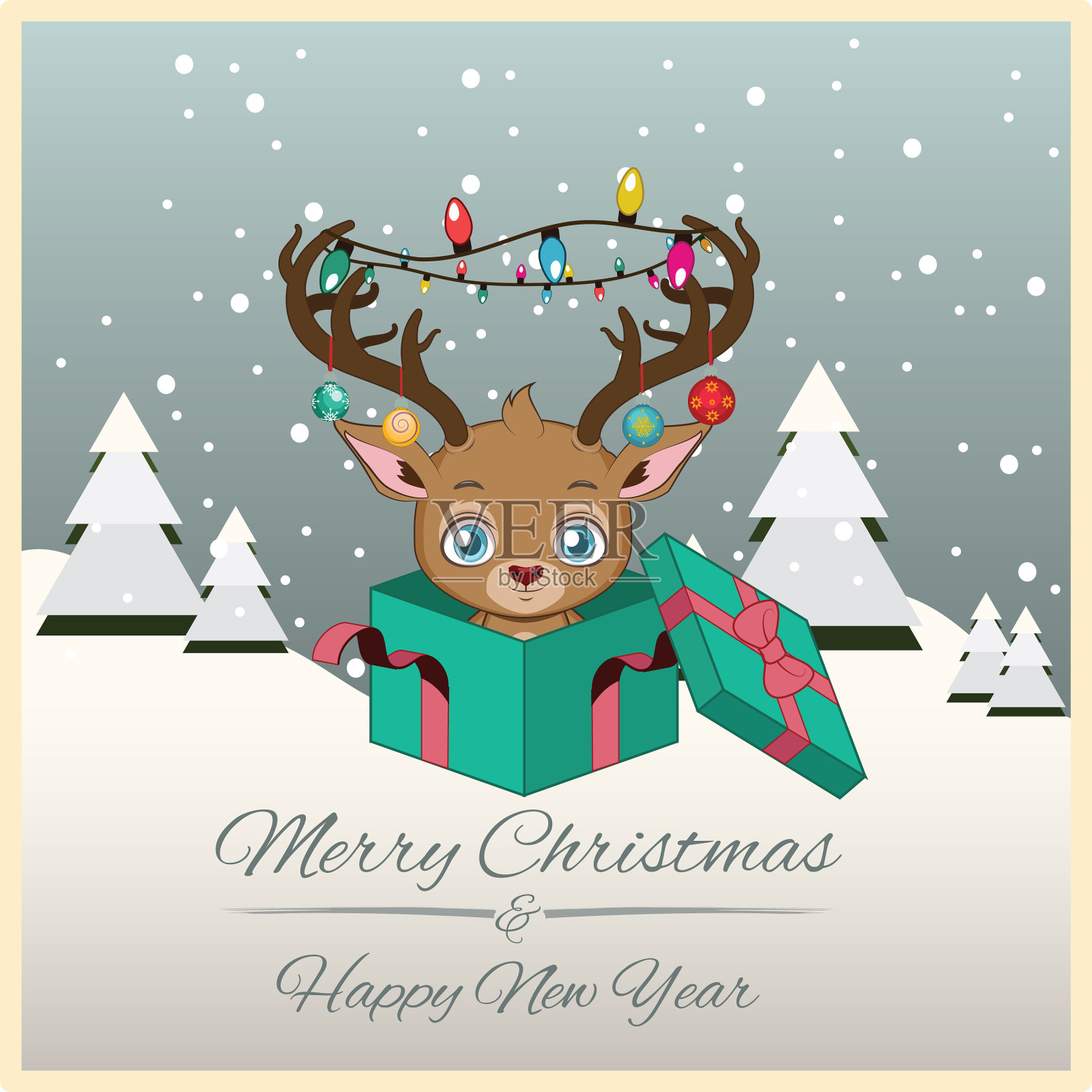 可爱的驯鹿装饰着鹿角坐在里面插画图片素材