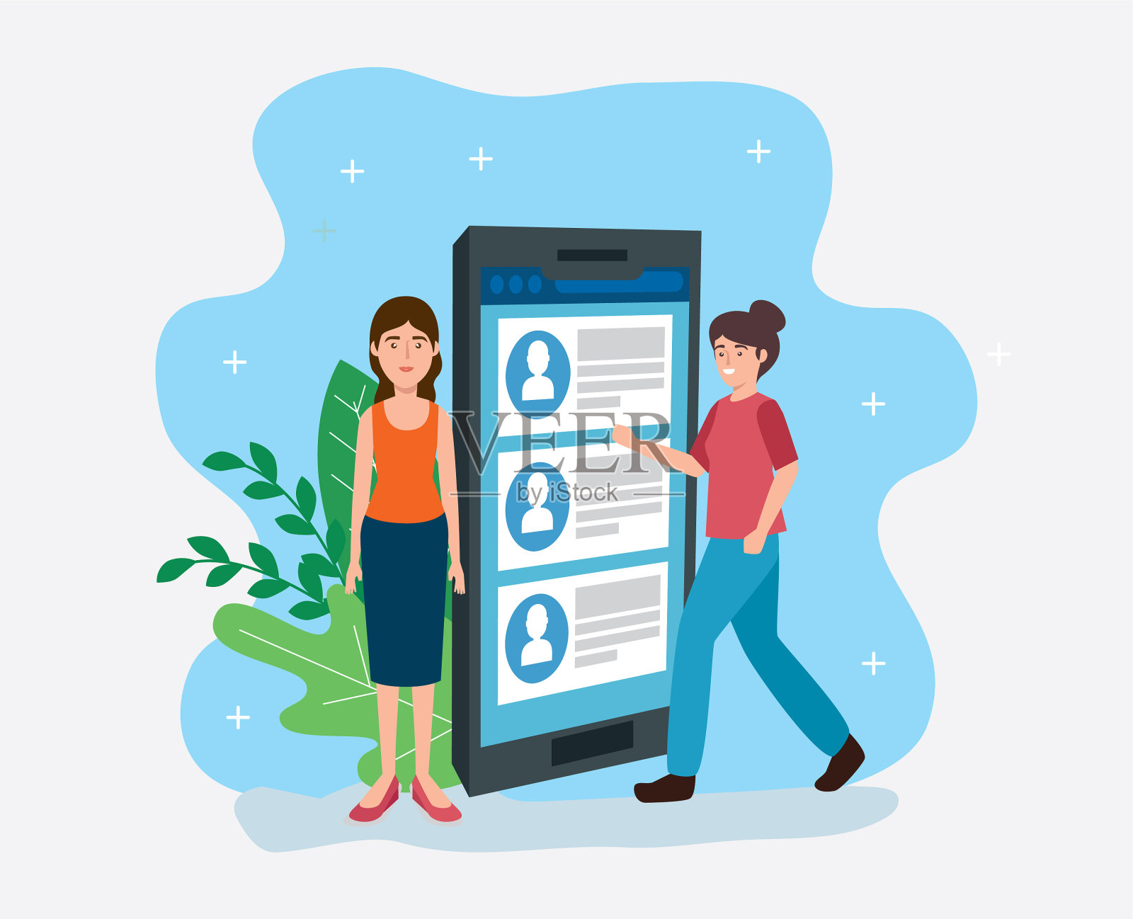 年轻女性与智能手机聊天插画图片素材