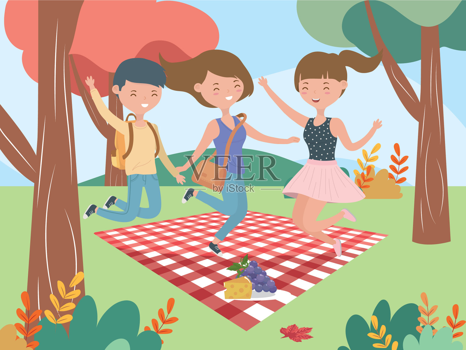 女人和男人跳毯子水果野餐大自然插画图片素材
