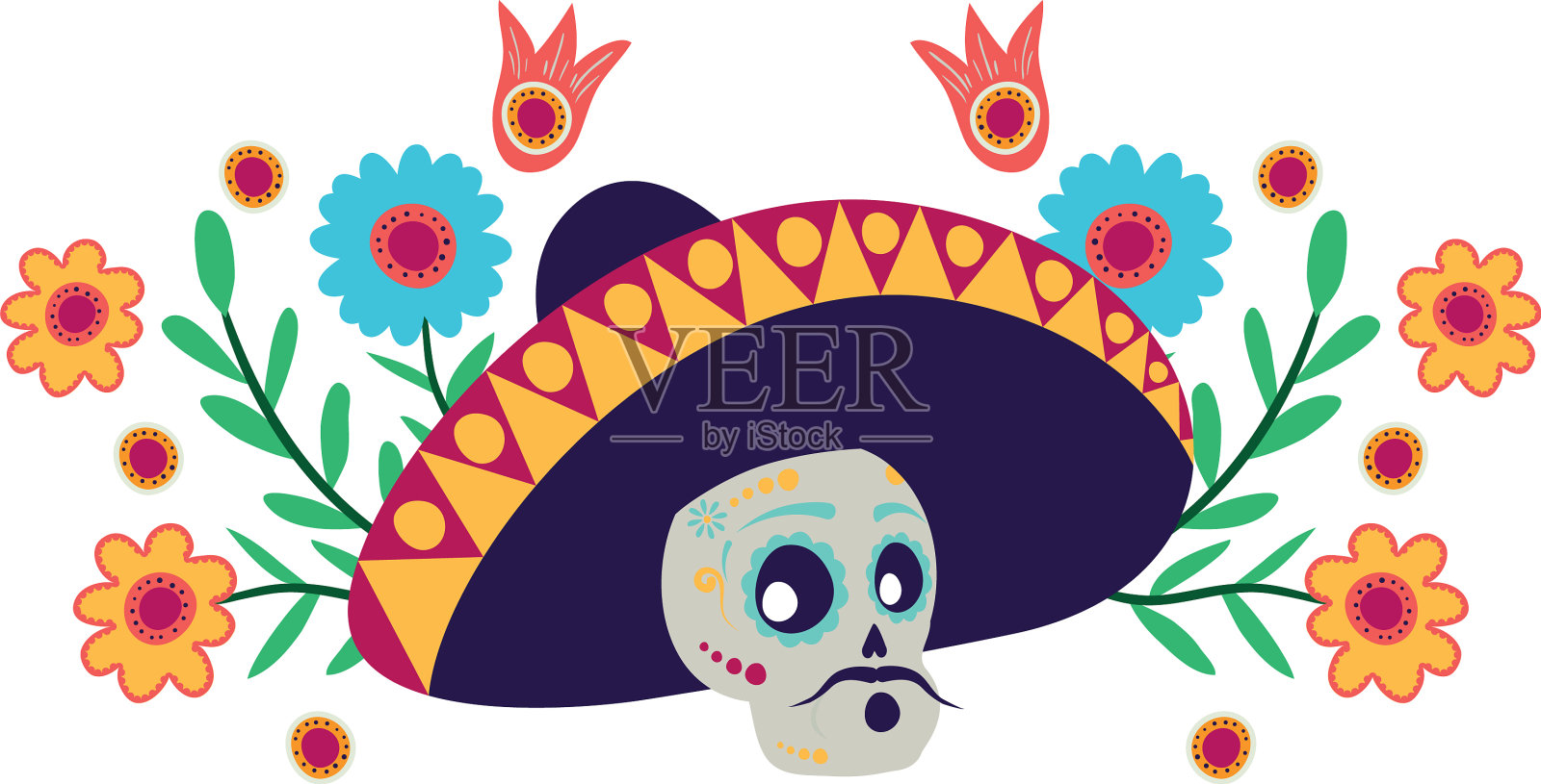 墨西哥流浪艺人的头盖骨，带花的漫画人物设计元素图片