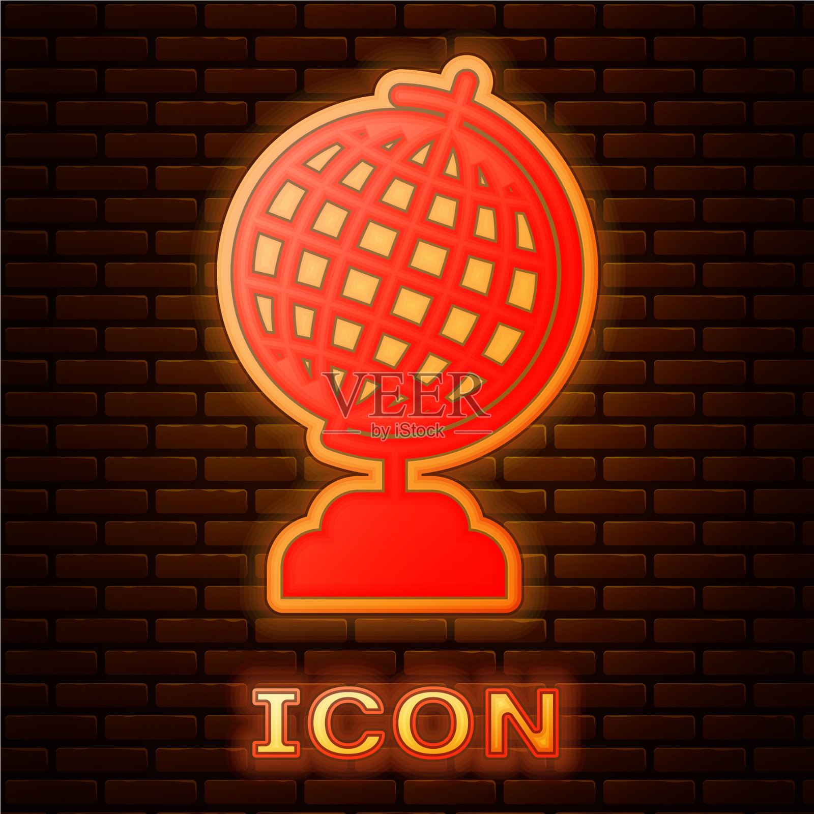 发光的霓虹灯地球图标孤立在砖块上图标素材