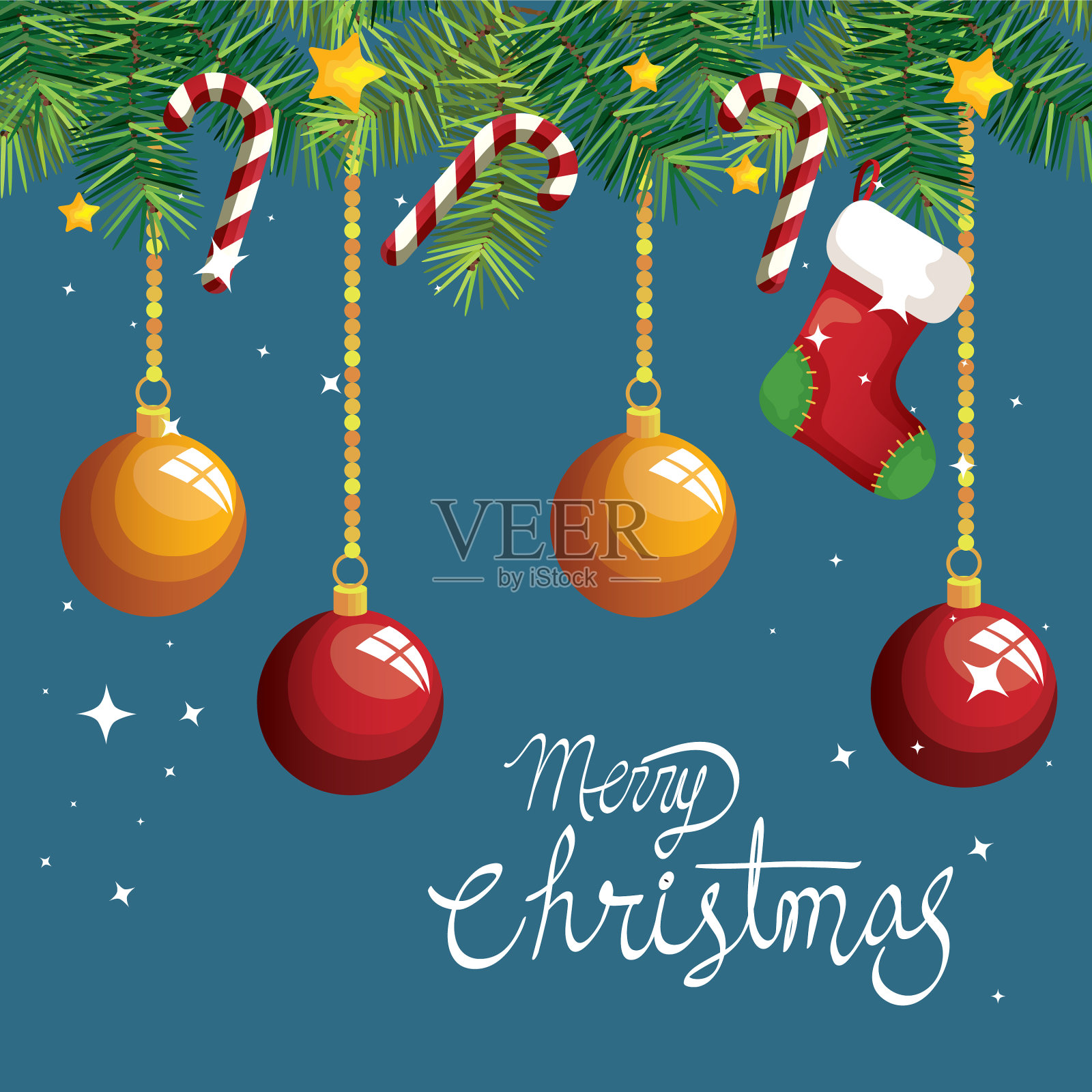 圣诞快乐海报，上面挂着球插画图片素材